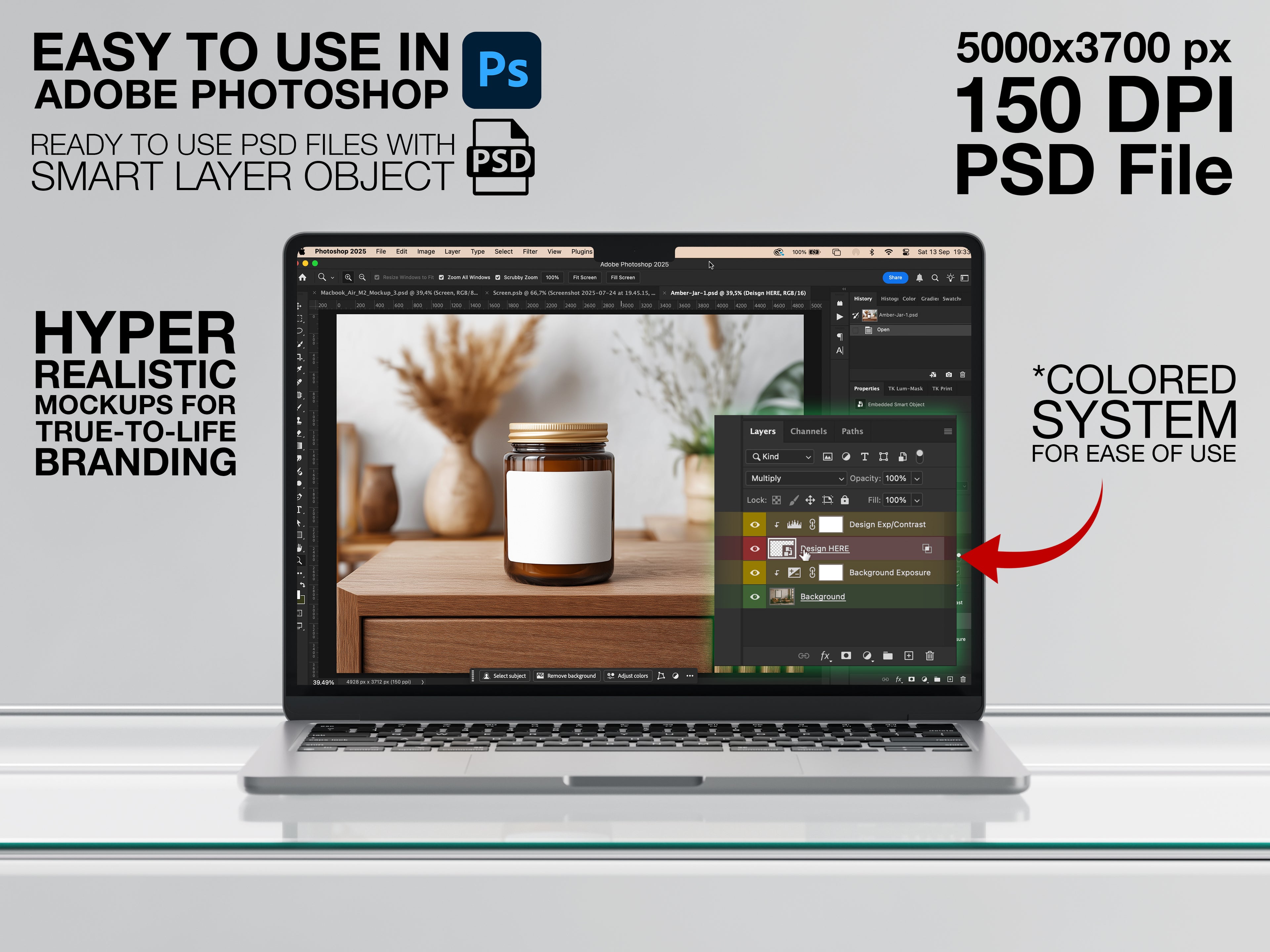 Laptop displaying a photo editing software with a product mockup on screen, on a light gray background.
