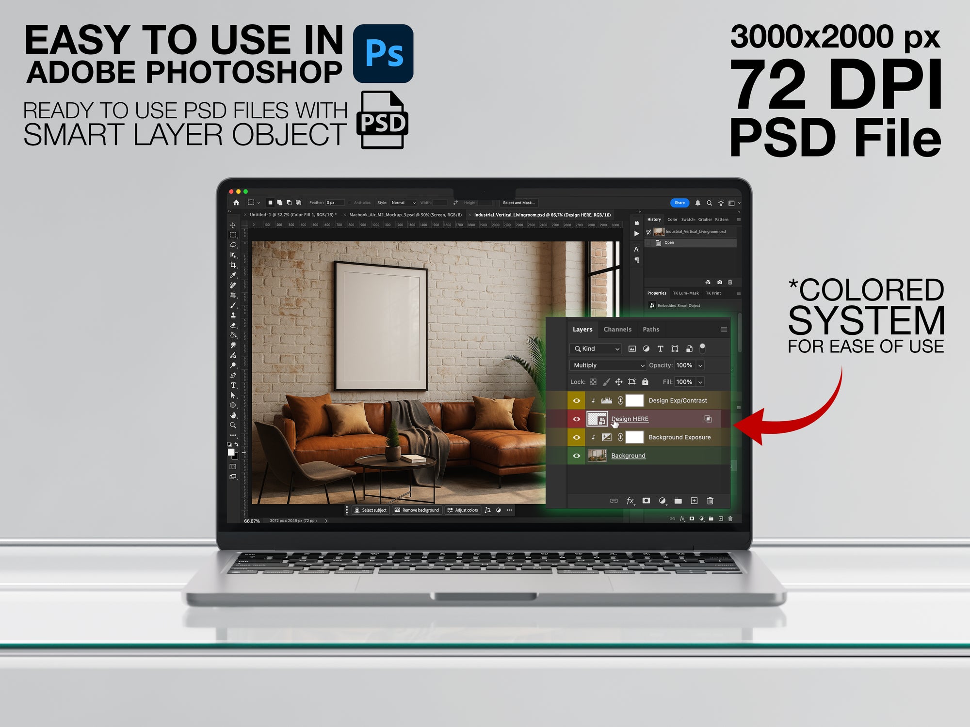 Photoshop interface on a laptop showing a frame mockup with smart layer object system, highlighting easy-to-use PSD file with color-coded layers