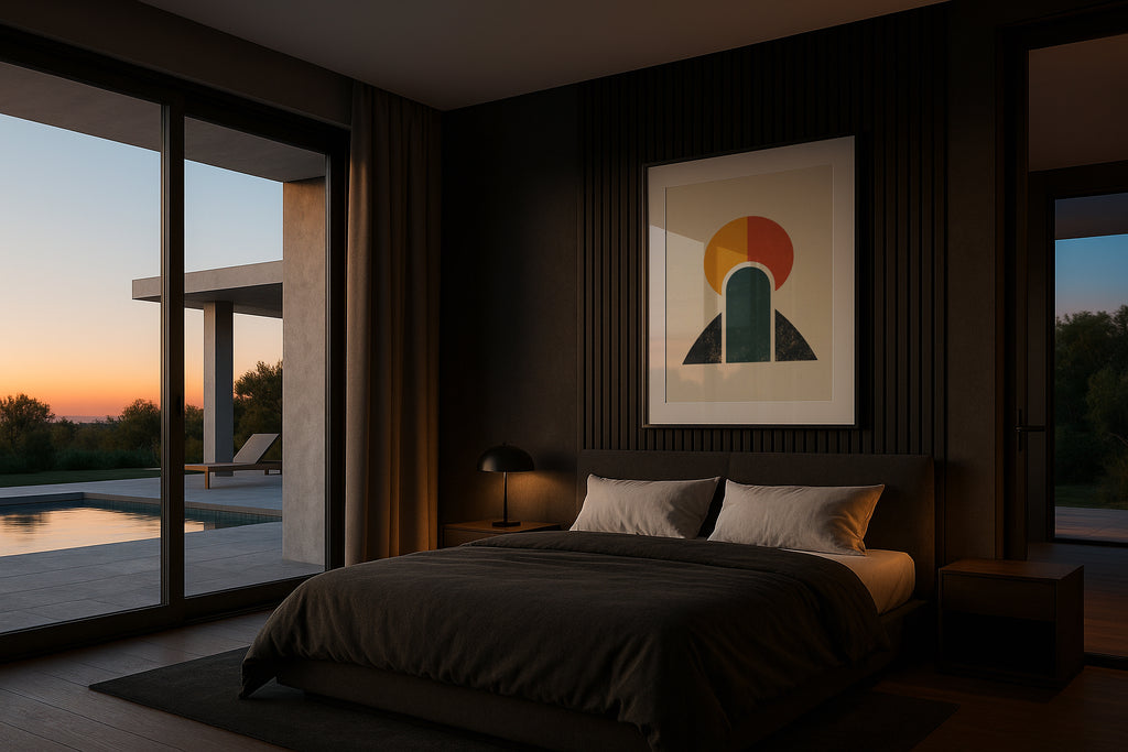 Single Frame Mockup Luxury Bedroom Wall Artwork Display Contemporary Minimalist PSD Digital