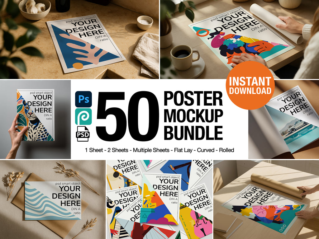 DIN A Ratio poster mockup bundle in various home scenes, PSD templates for wall art, digital prints, and artwork display, ideal for Etsy and graphic design