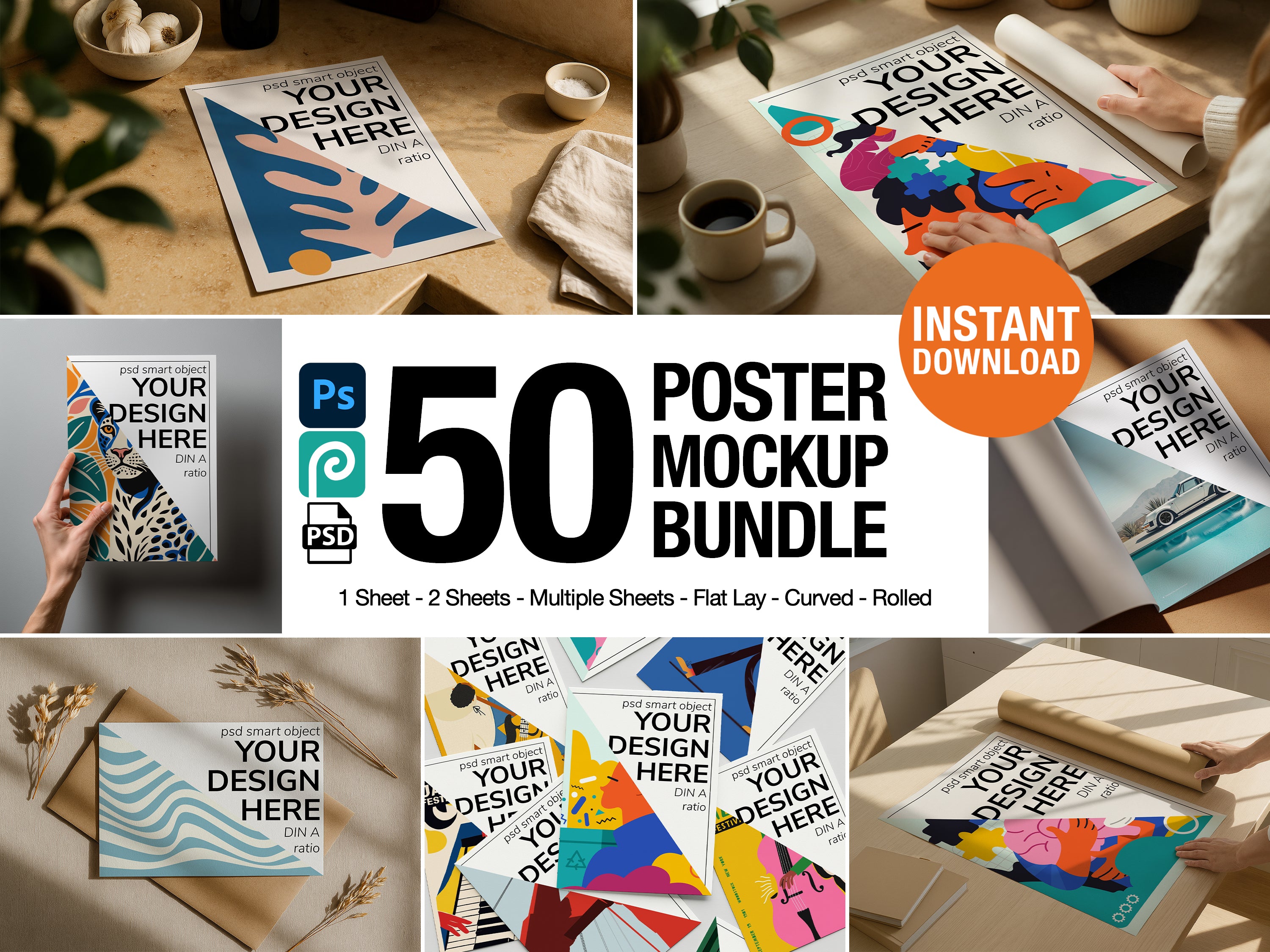 DIN A Ratio poster mockup bundle in various home scenes, PSD templates for wall art, digital prints, and artwork display, ideal for Etsy and graphic design