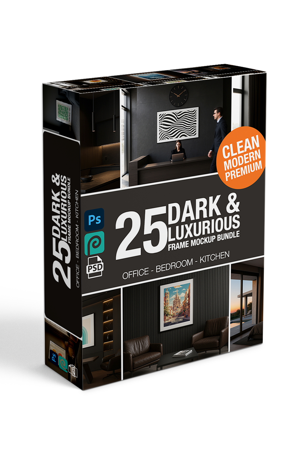 Box containing 25 Dark & Luxurious frame mockup bundle with images of office, bedroom, and kitchen settings.
