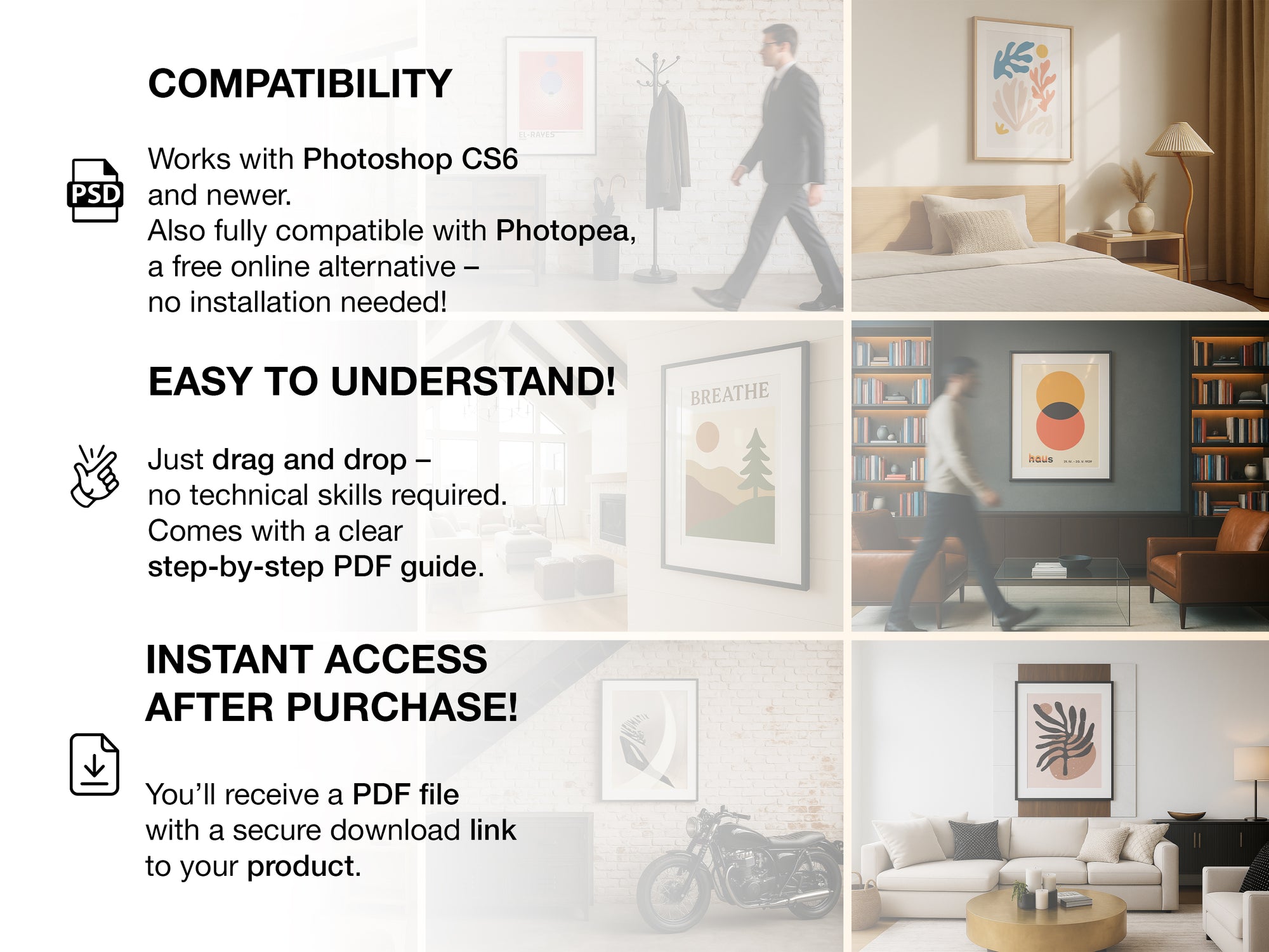 Promotional graphic for a product with compatibility, ease of use, and instant access information.