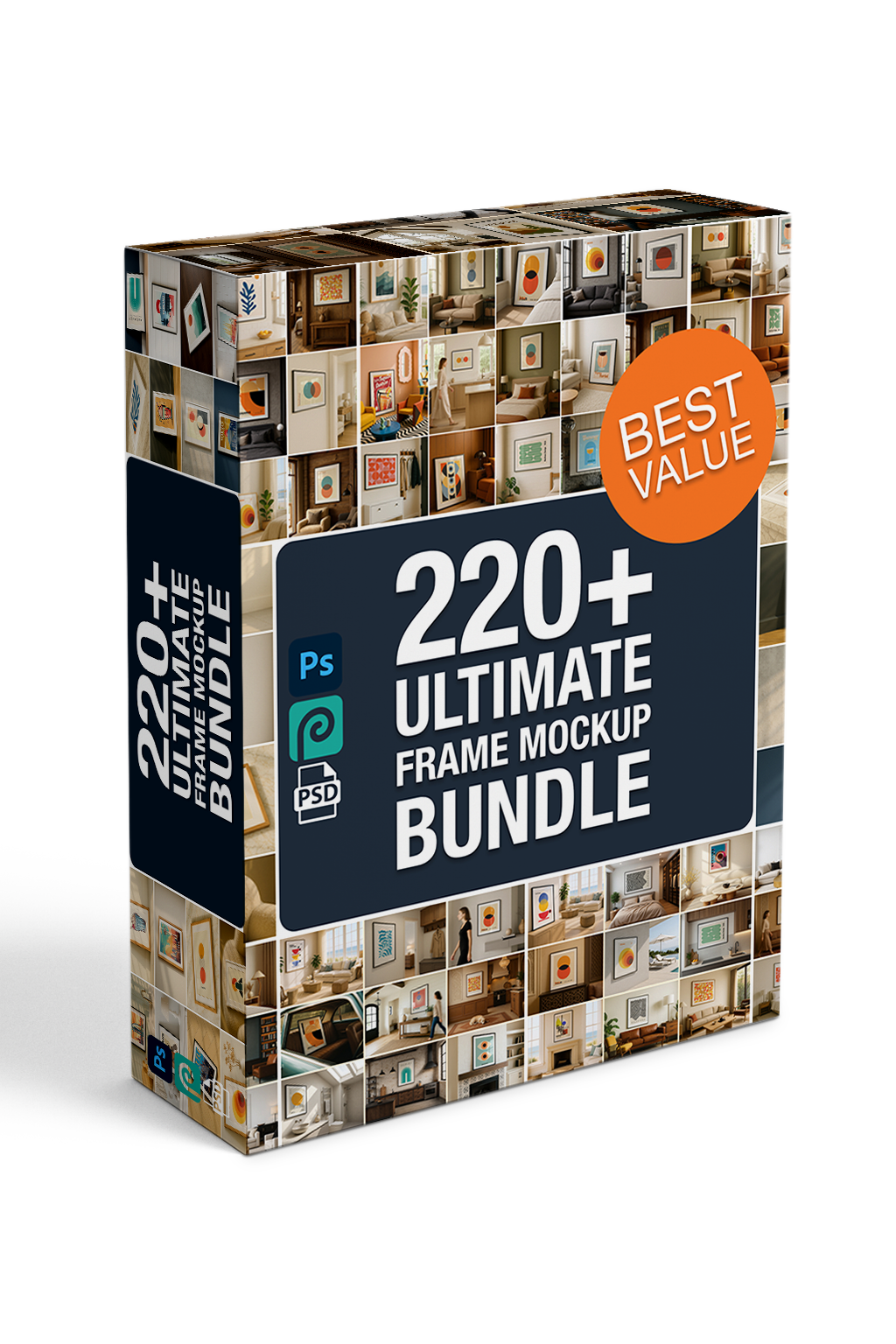 Box containing '220+ Ultimate Frame Mockup Bundle' with collage of frames on a white background