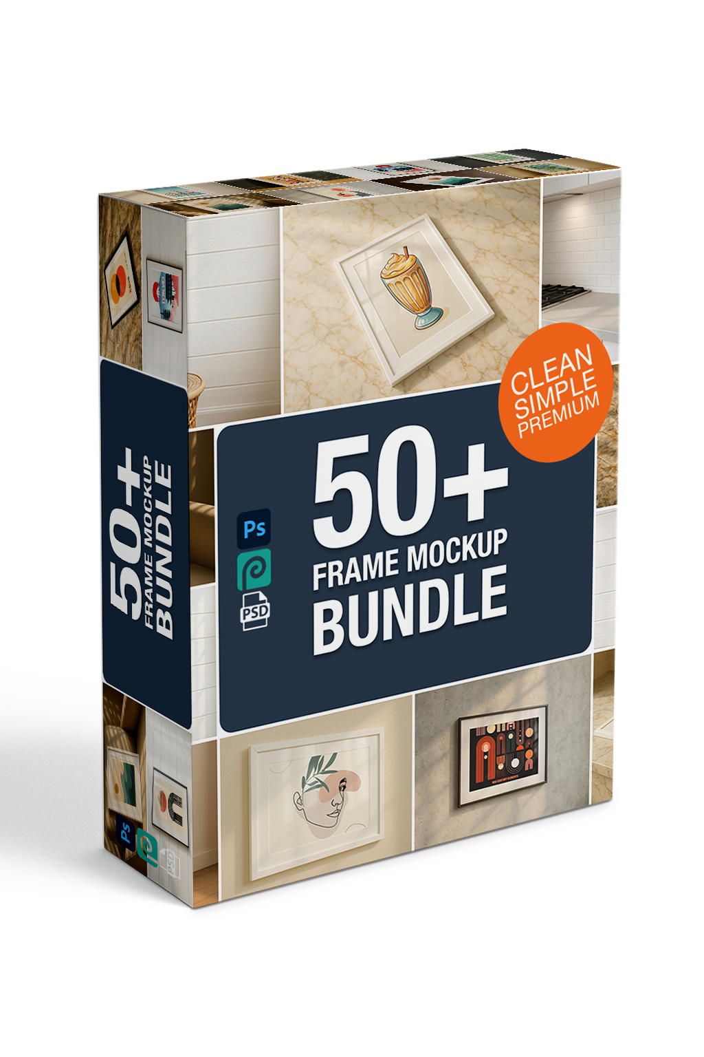Box containing a 50+ frame mockup bundle with various frame designs on a white background.