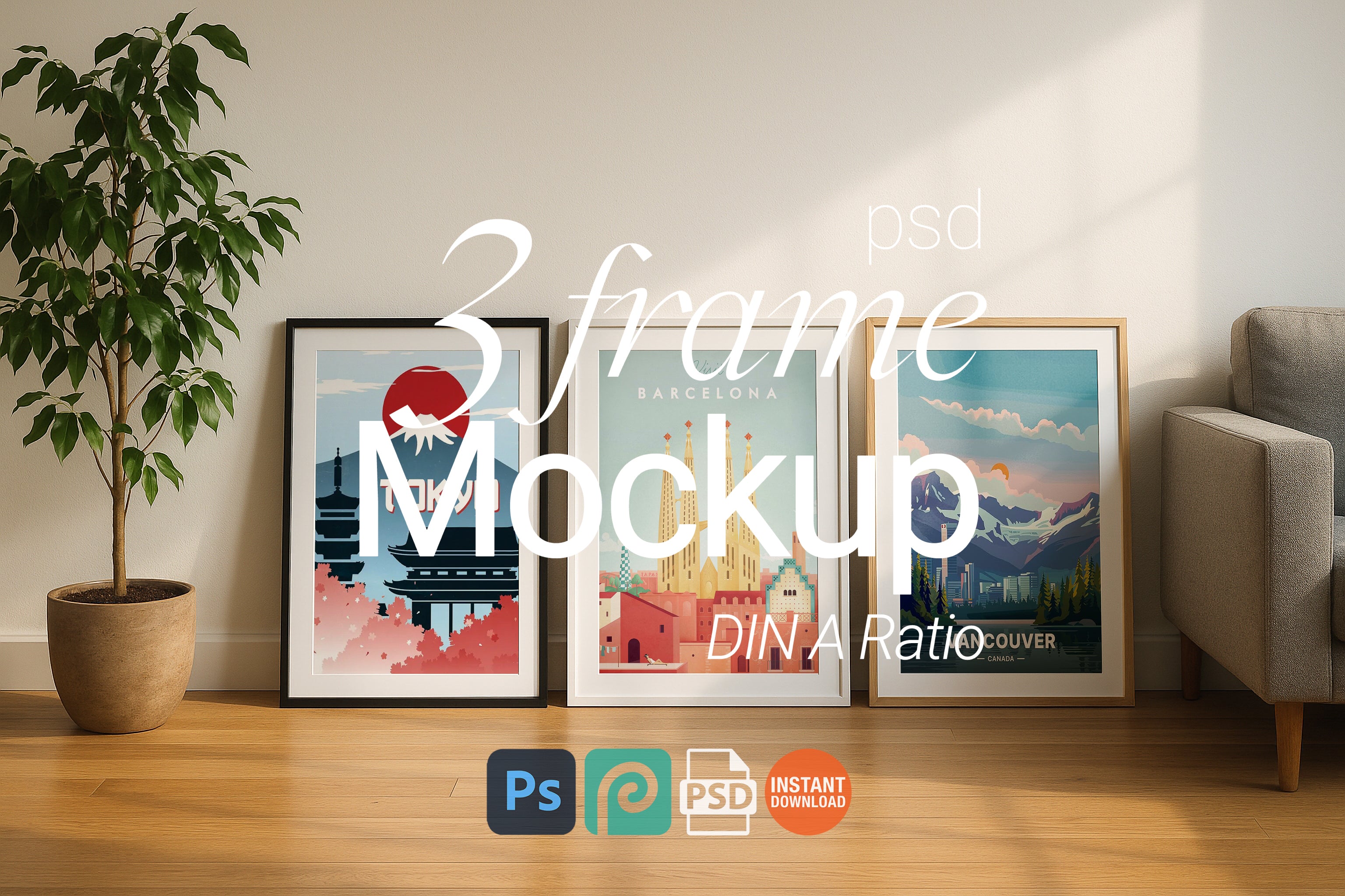 3 Frame Mockup Living Room Wall Art Poster Frame PSD Digital Download