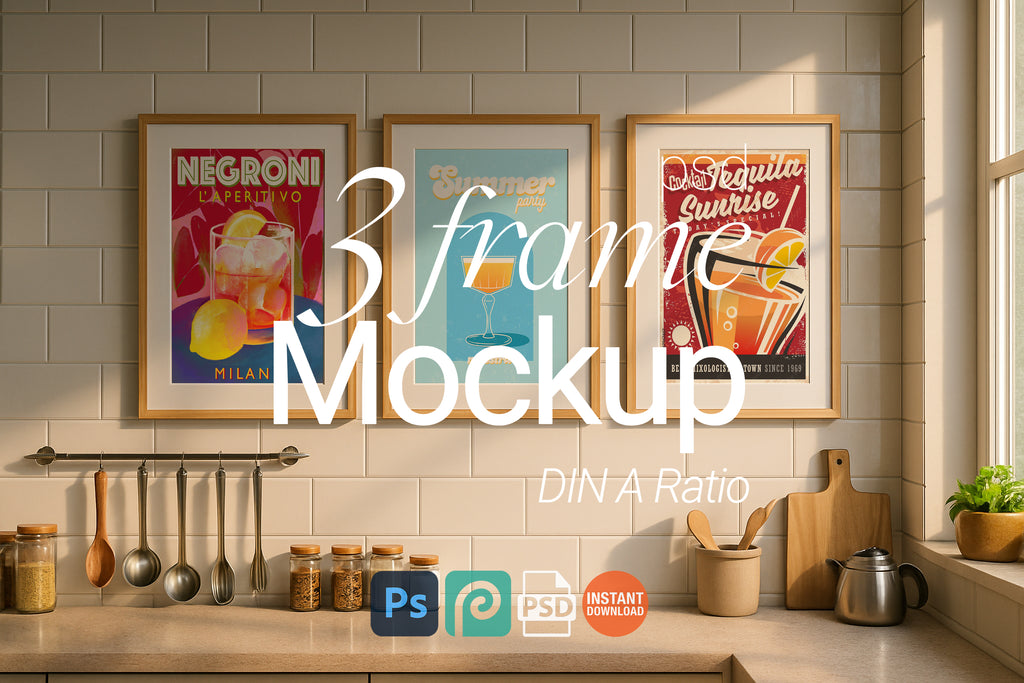 Triple Frame Mockup Kitchen Poster Display Wooden Wall Art Minimal Interior PSD Download