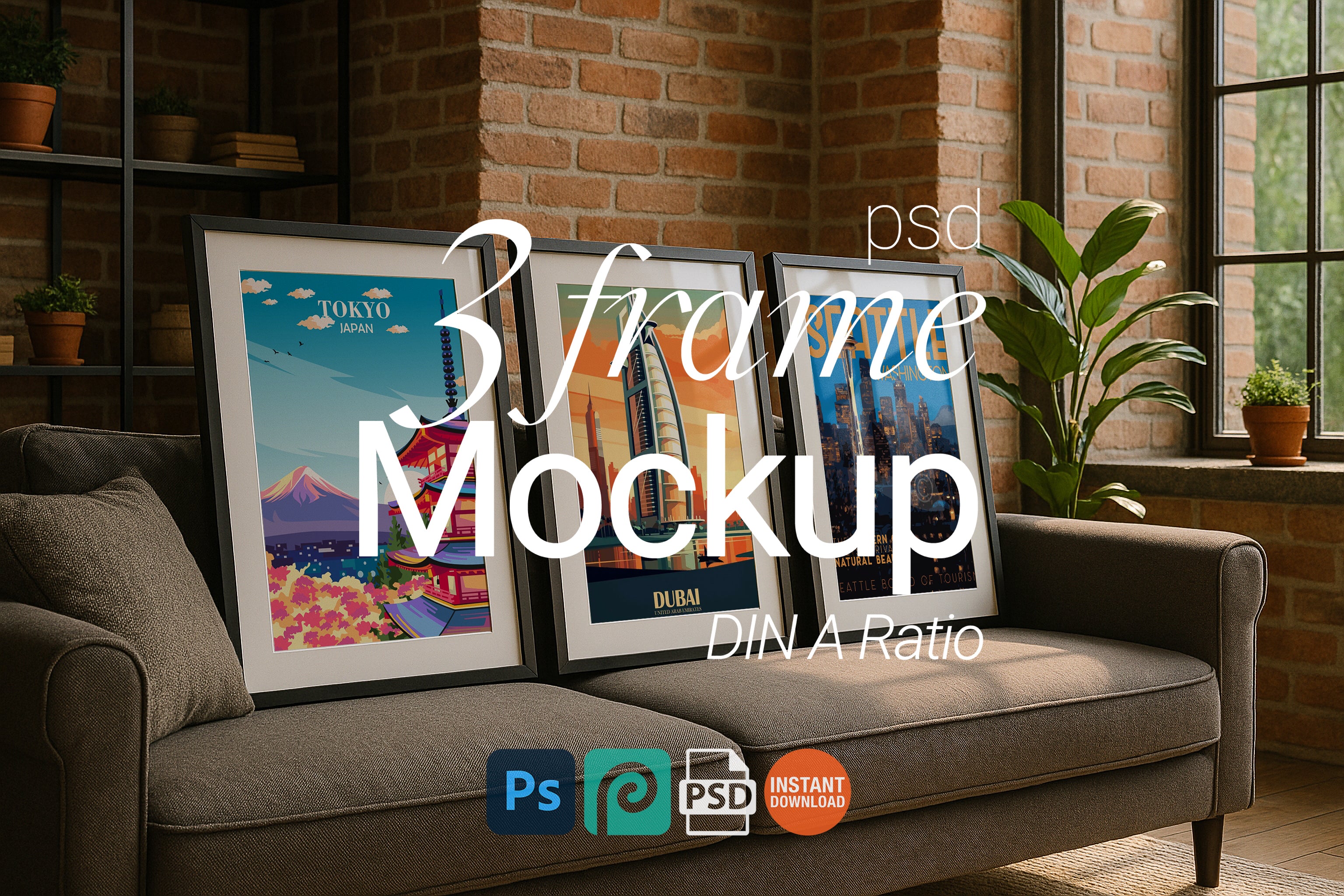 Set of 3 Modern Vertical Frame Mockup PSD Set – Wall Art Templates