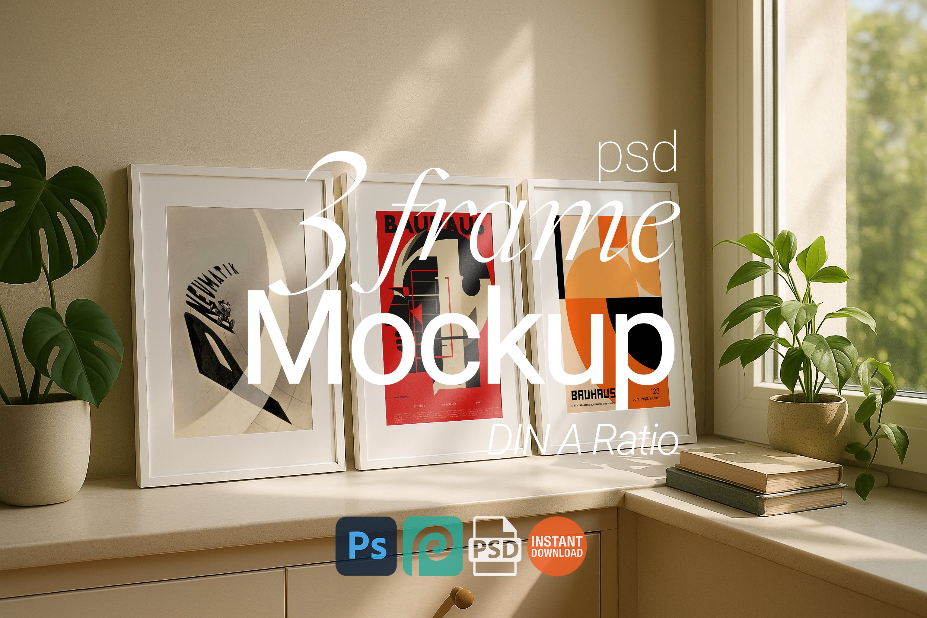 3 Frame Mockup Sunlit Interior Poster Display White Wall Art Minimal Scandinavian PSD Download