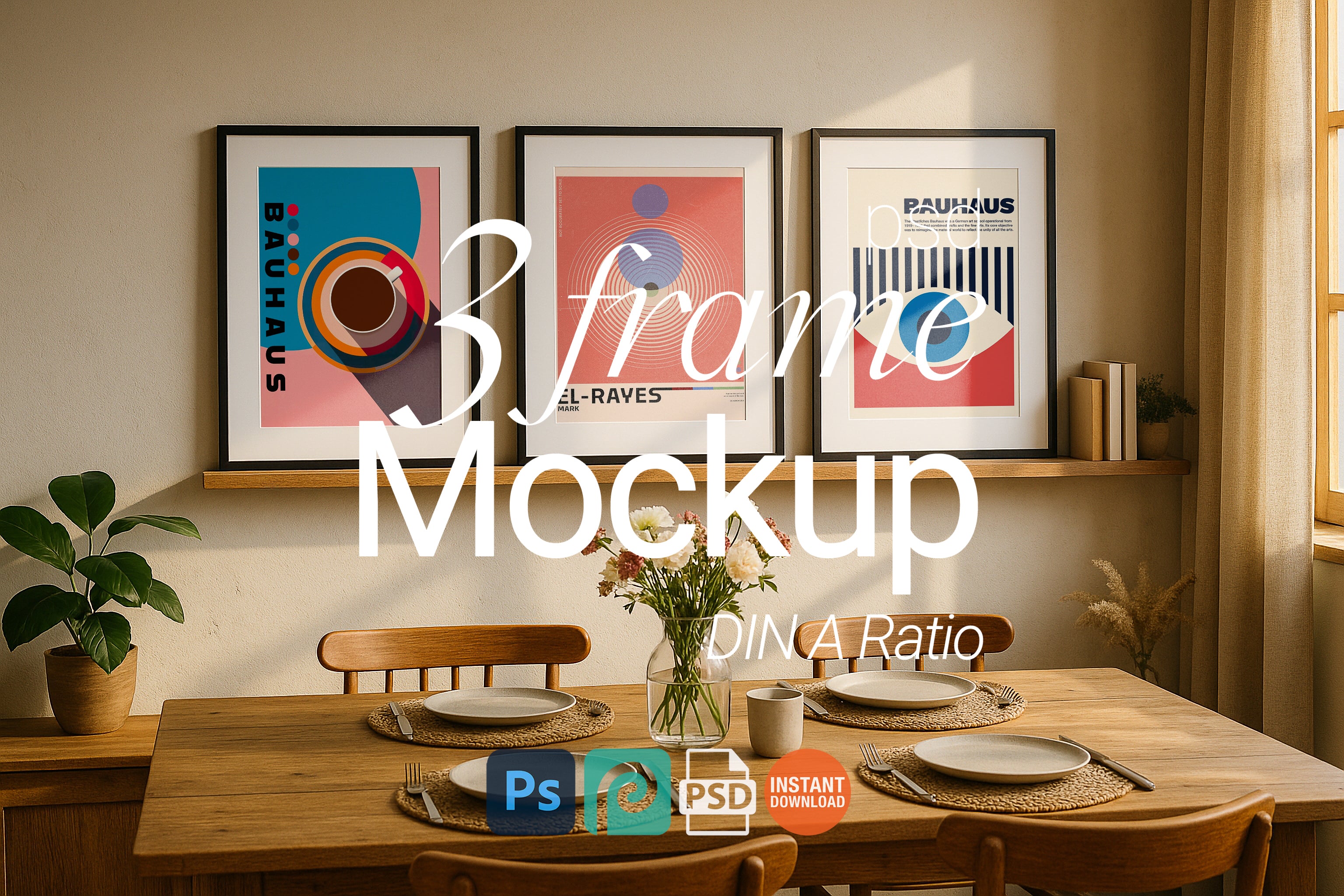 3 Frame Mockup Dining Room Triple Poster Display Wall Art PSD Digital Download