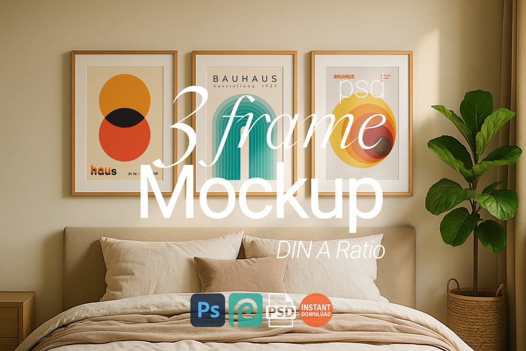 3 Frame Mockup Scandinavian Bedroom Poster Display Wooden Wall Art Minimal Interior PSD Download