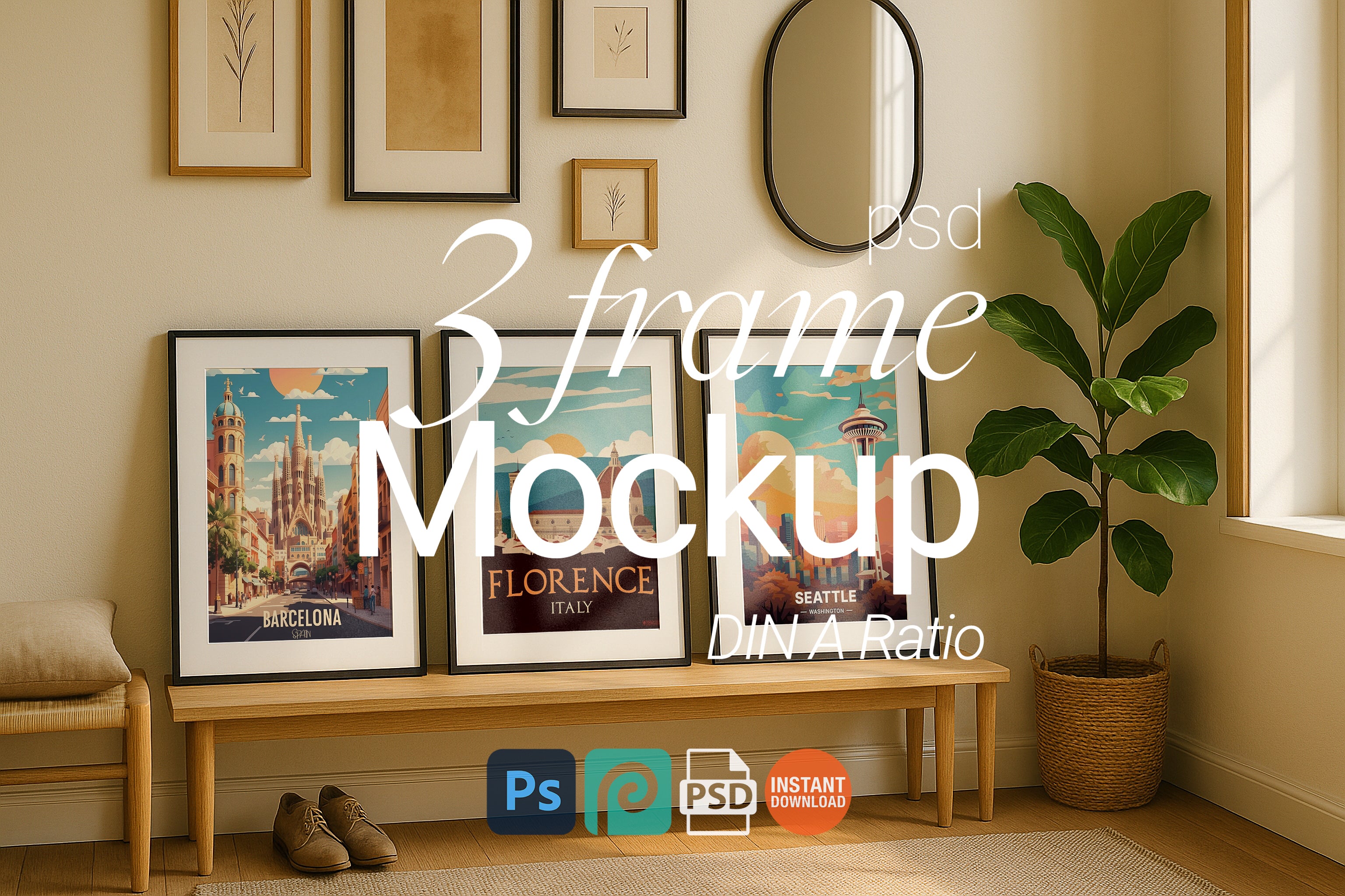 3 Frame Mockup Entryway Interior Poster Display Black Wall Art Minimal PSD Download