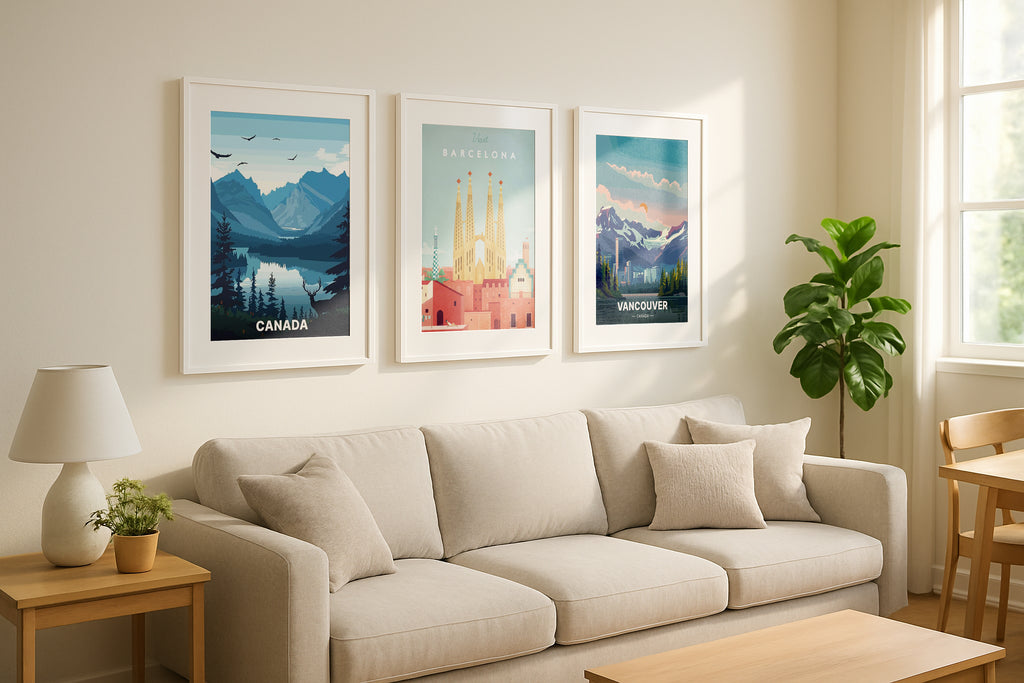 Living room with triple framed mockup pictures