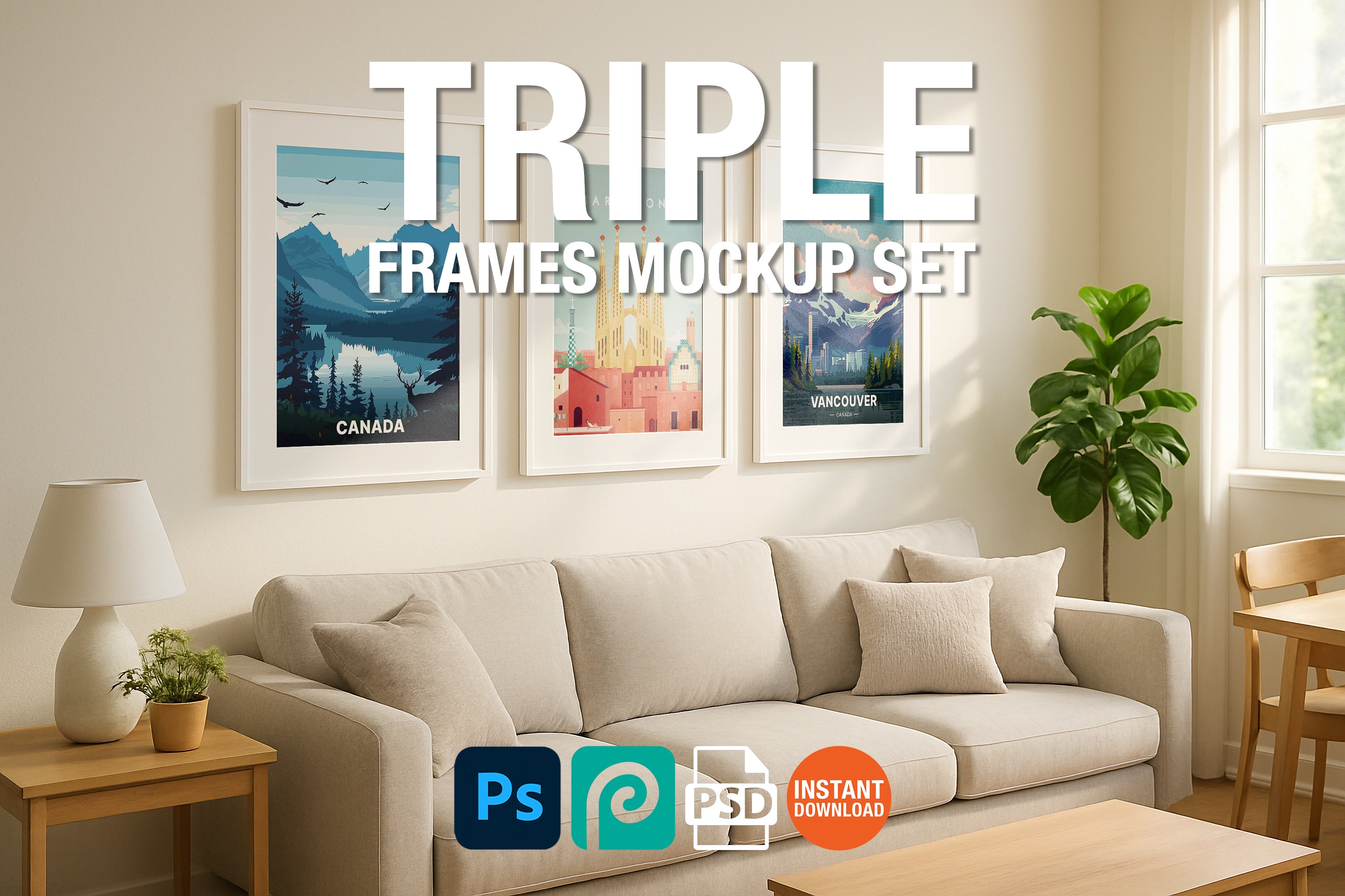 Living room with triple framed mockup pictures and 'Triple Frames Mockup Set' text