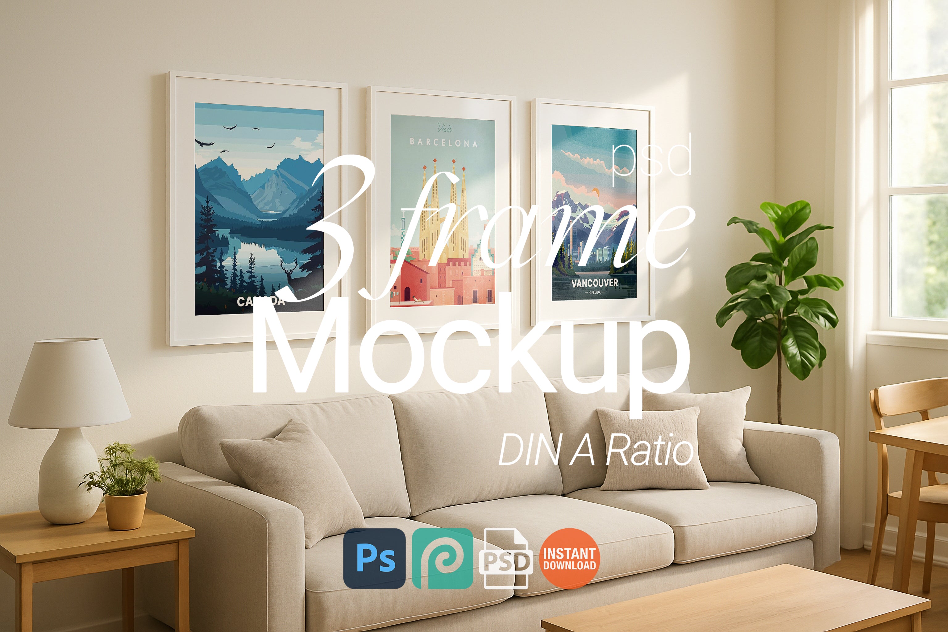 3 Minimalist White Frame Mockup PSD Set – Gallery Wall Art Templates