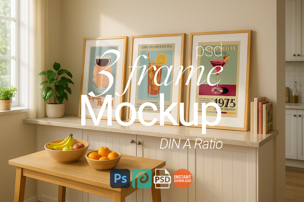 3 Frame Mockup Kitchen Poster Display Wooden Wall Art Minimal Interior PSD Download