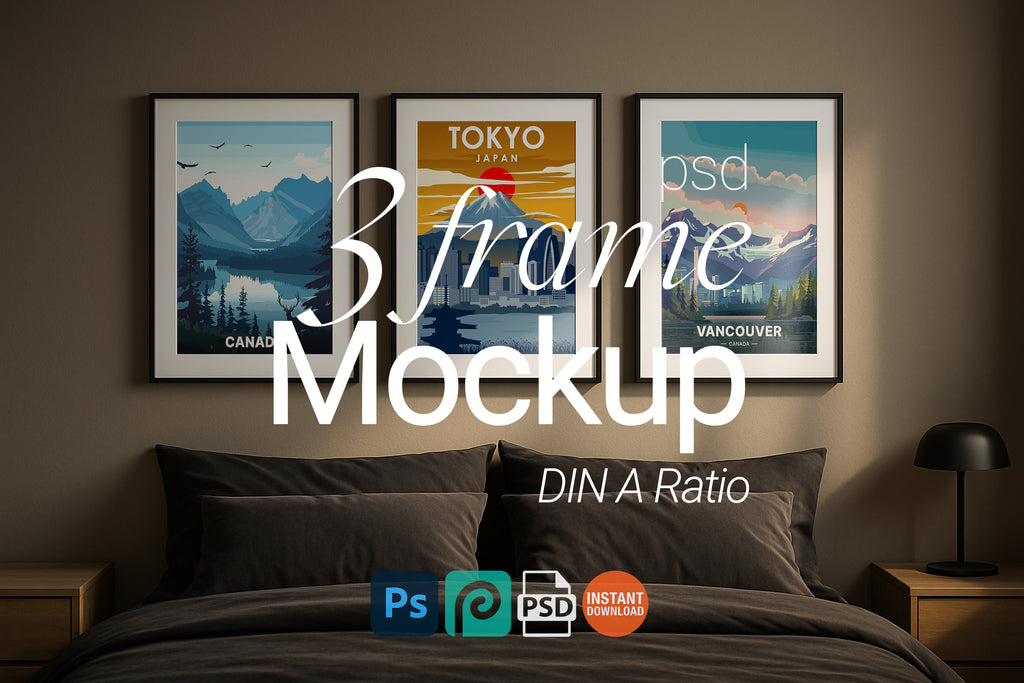 3 Frame Mockup Minimalist Bedroom Wall Art Poster Display Black Minimal Interior PSD Download