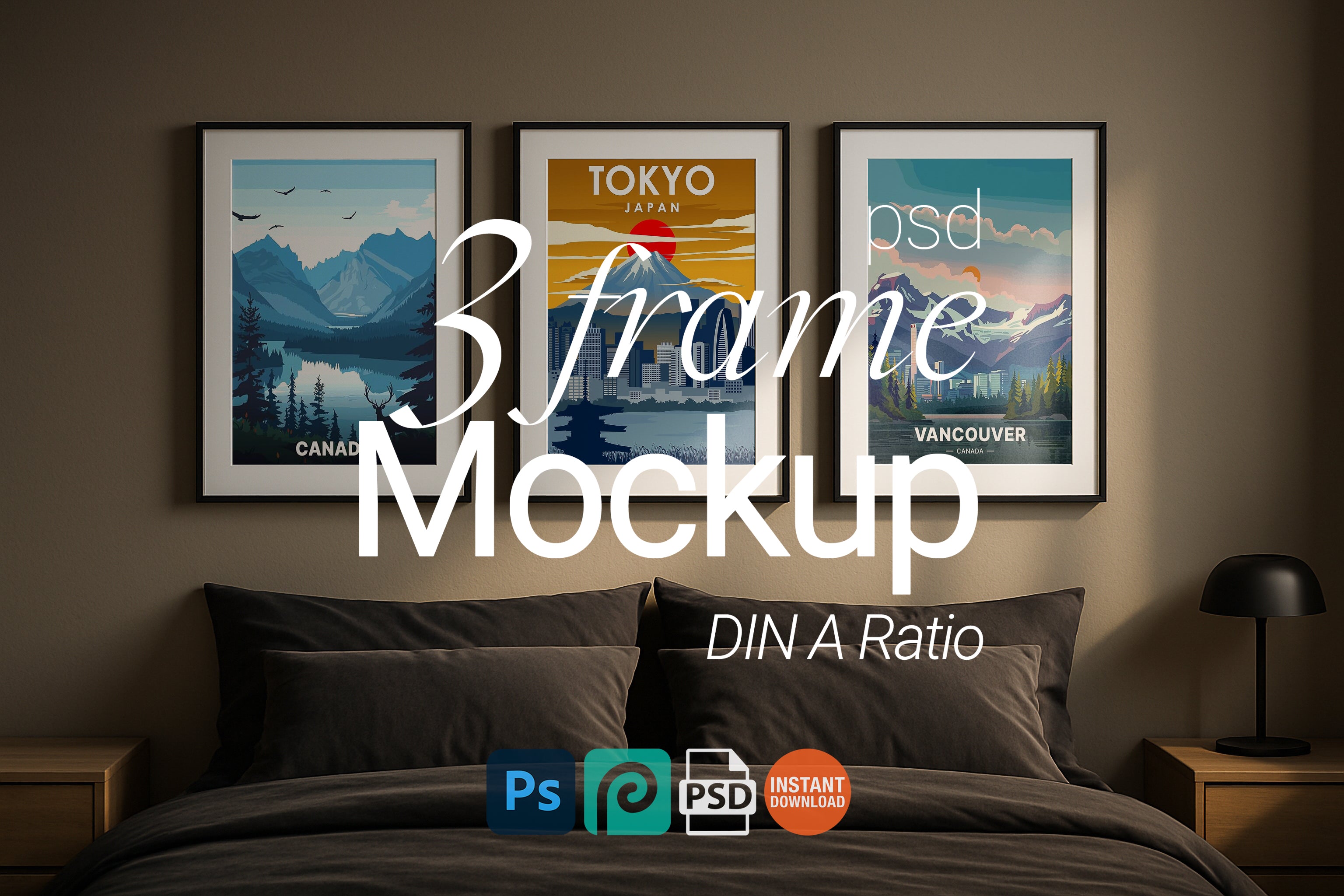 3 Frame Mockup Minimalist Bedroom Wall Art Poster Display Black Minimal Interior PSD Download