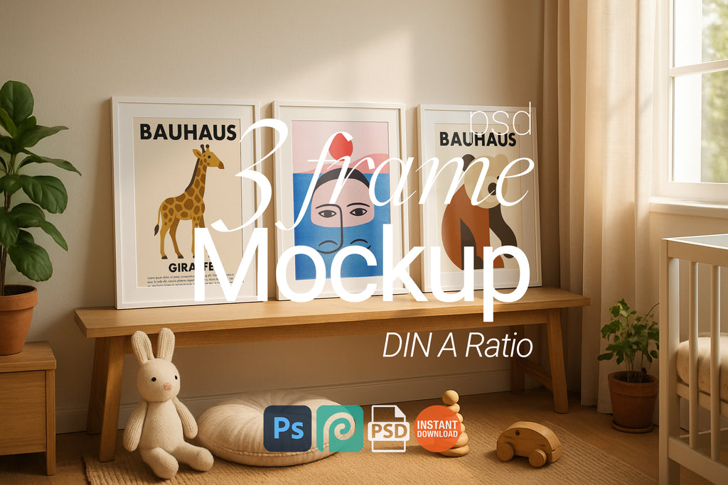 Triple Frame Mockup Nursery Interior Poster Display White Wall Art Minimal PSD Download