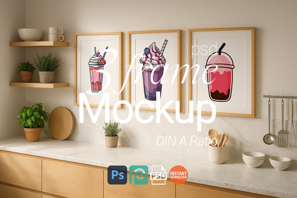 3 Frame Kitchen Mockup Wooden Frame Poster Set Wall Art Digital Download PSD