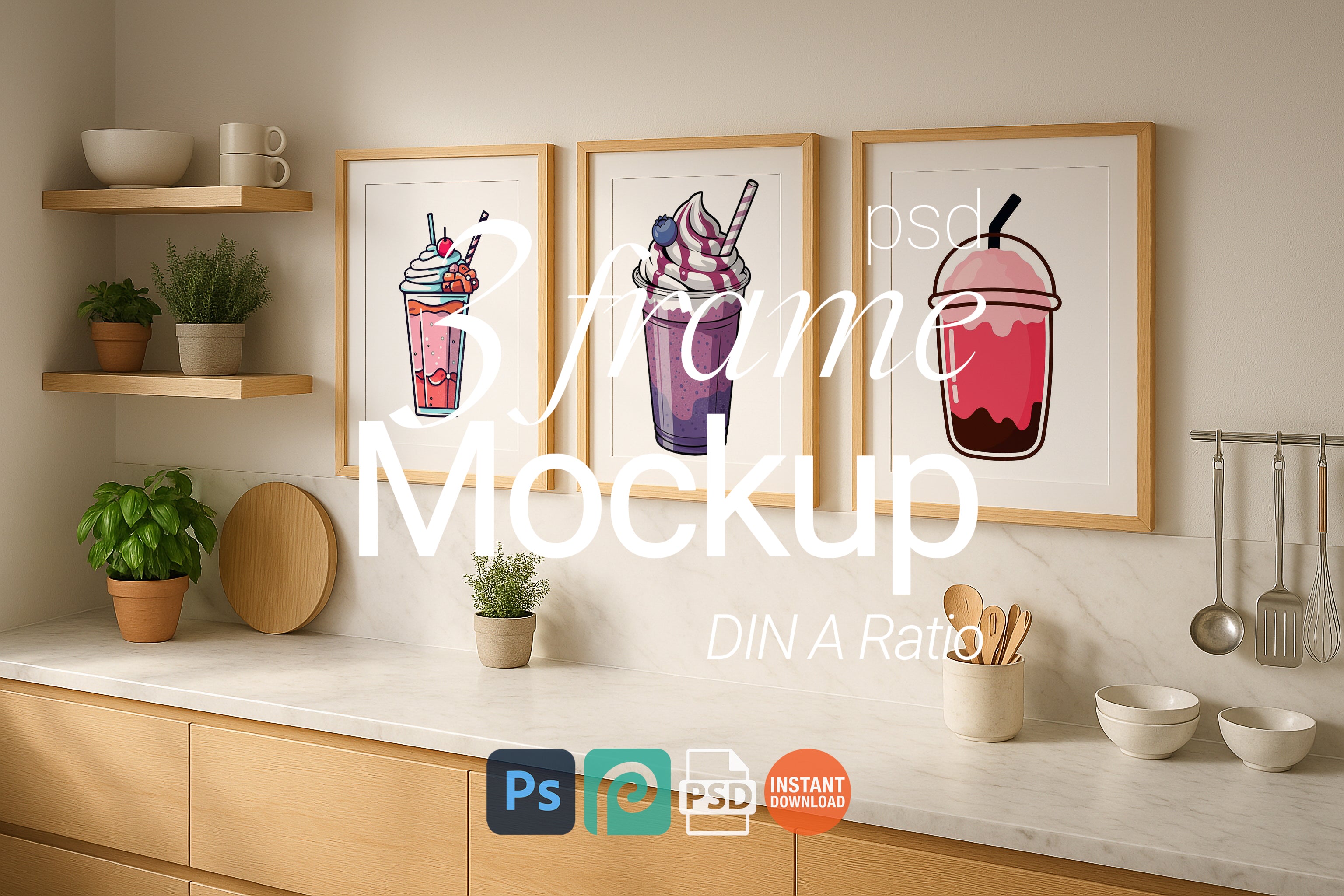 3 Frame Kitchen Mockup Wooden Frame Poster Set Wall Art Digital Download PSD