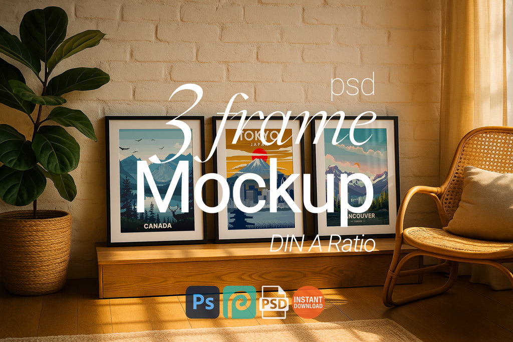 3 Frame Mockup Poster Frame Living Room Wall Art Black Frames Digital Download PSD