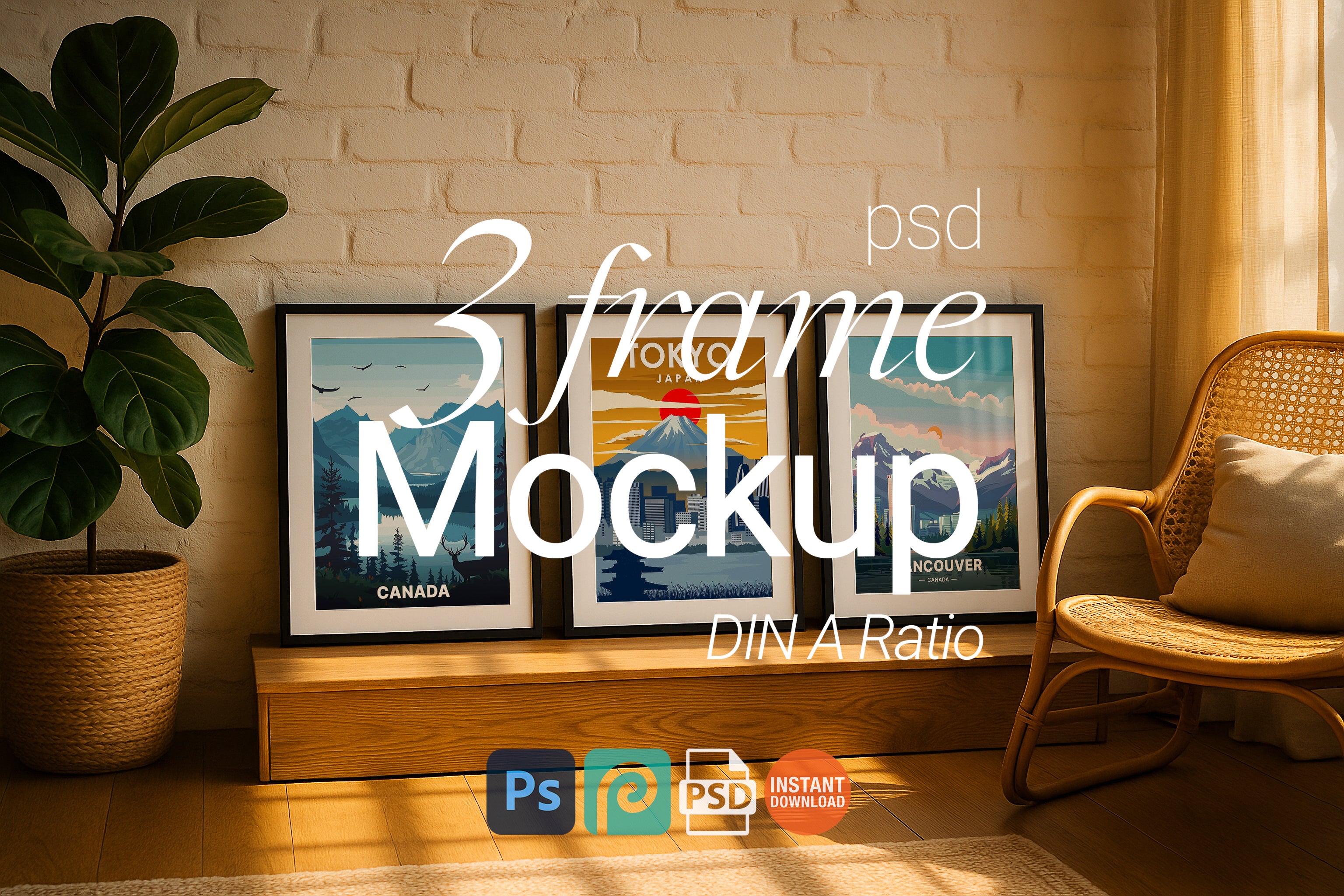 3 Frame Mockup Poster Frame Living Room Wall Art Black Frames Digital Download PSD