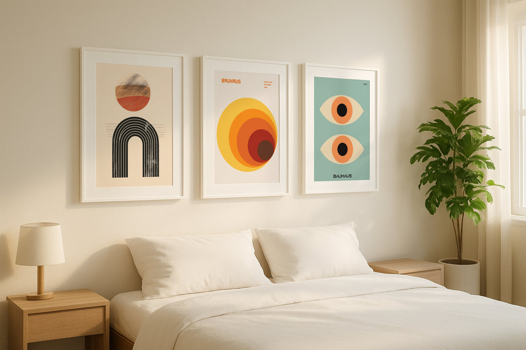Bedroom frame mockup with three framed artworks on the wall.
