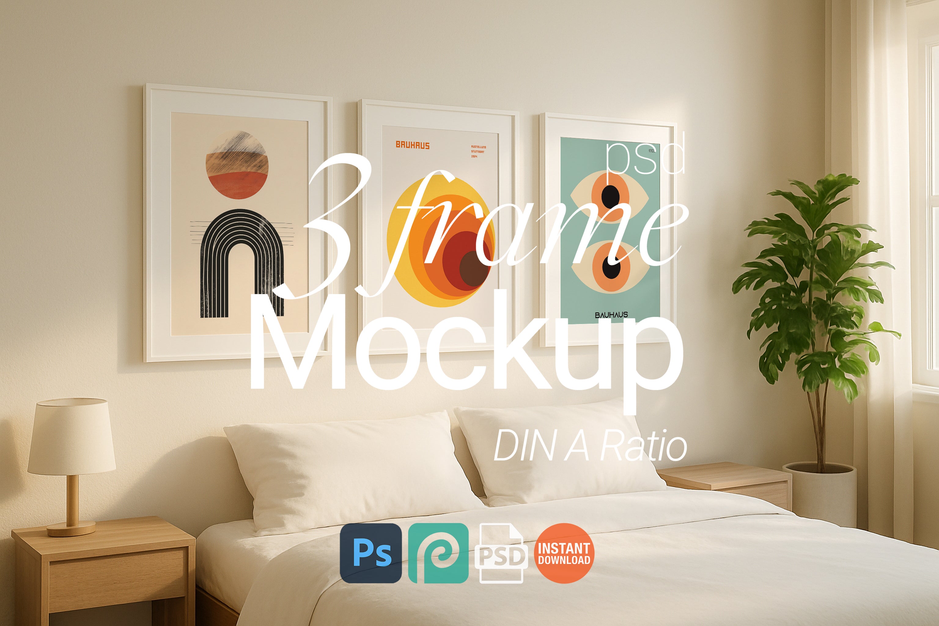 Bedroom frame mockup with three framed artworks on the wall.