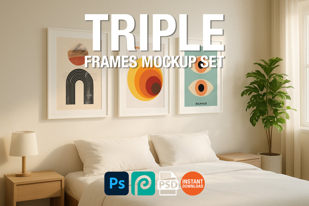 Bedroom frame mockup with three framed artworks on the wall, labeled 'Triple Frames Mockup Set'.