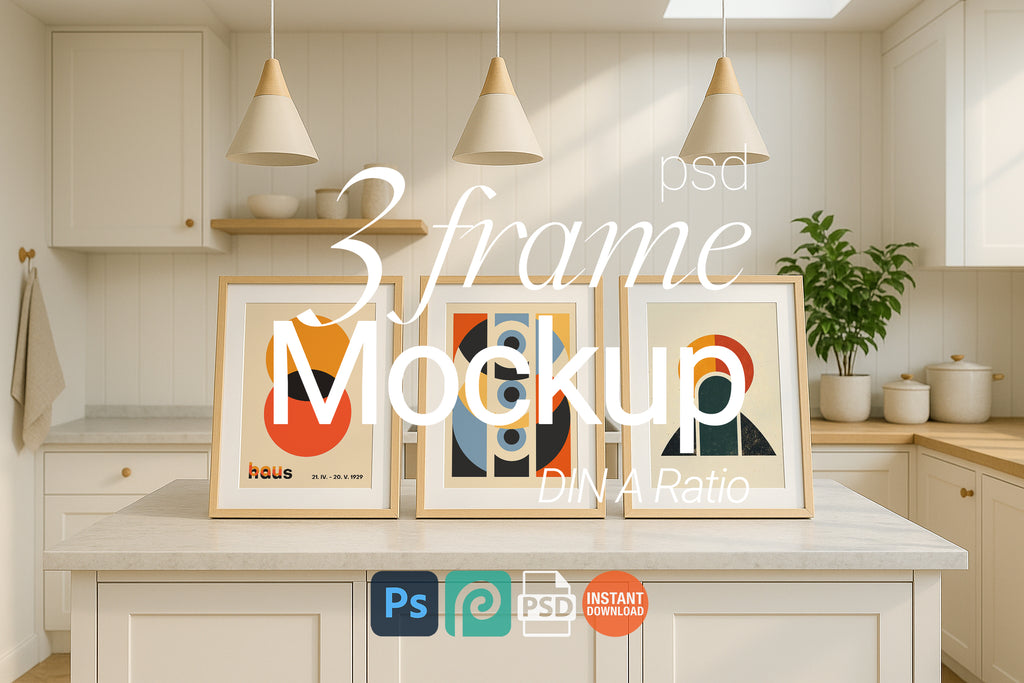 Triple Frame Mockup Kitchen Interior Poster Display Wooden Wall Art Scandinavian PSD Download