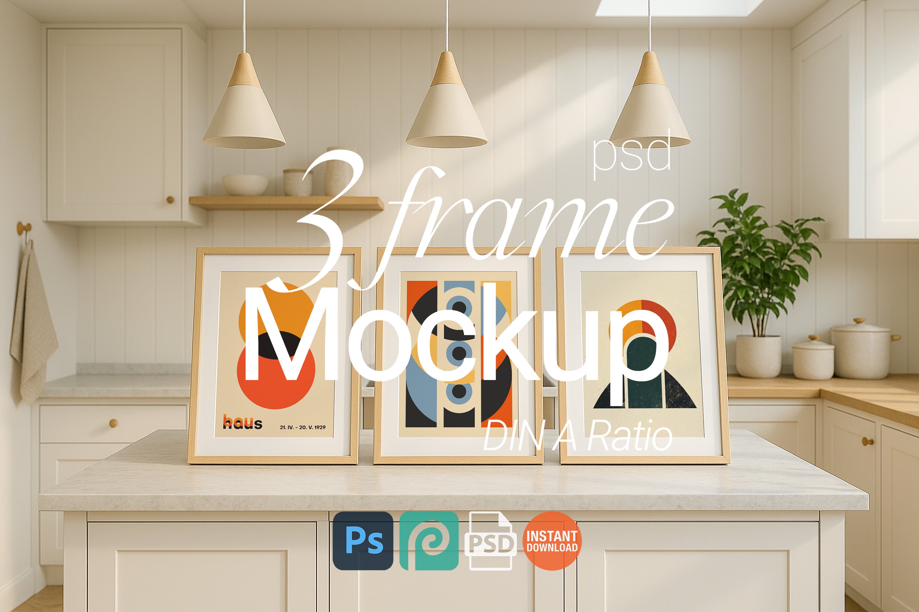 Triple Frame Mockup Kitchen Interior Poster Display Wooden Wall Art Scandinavian PSD Download
