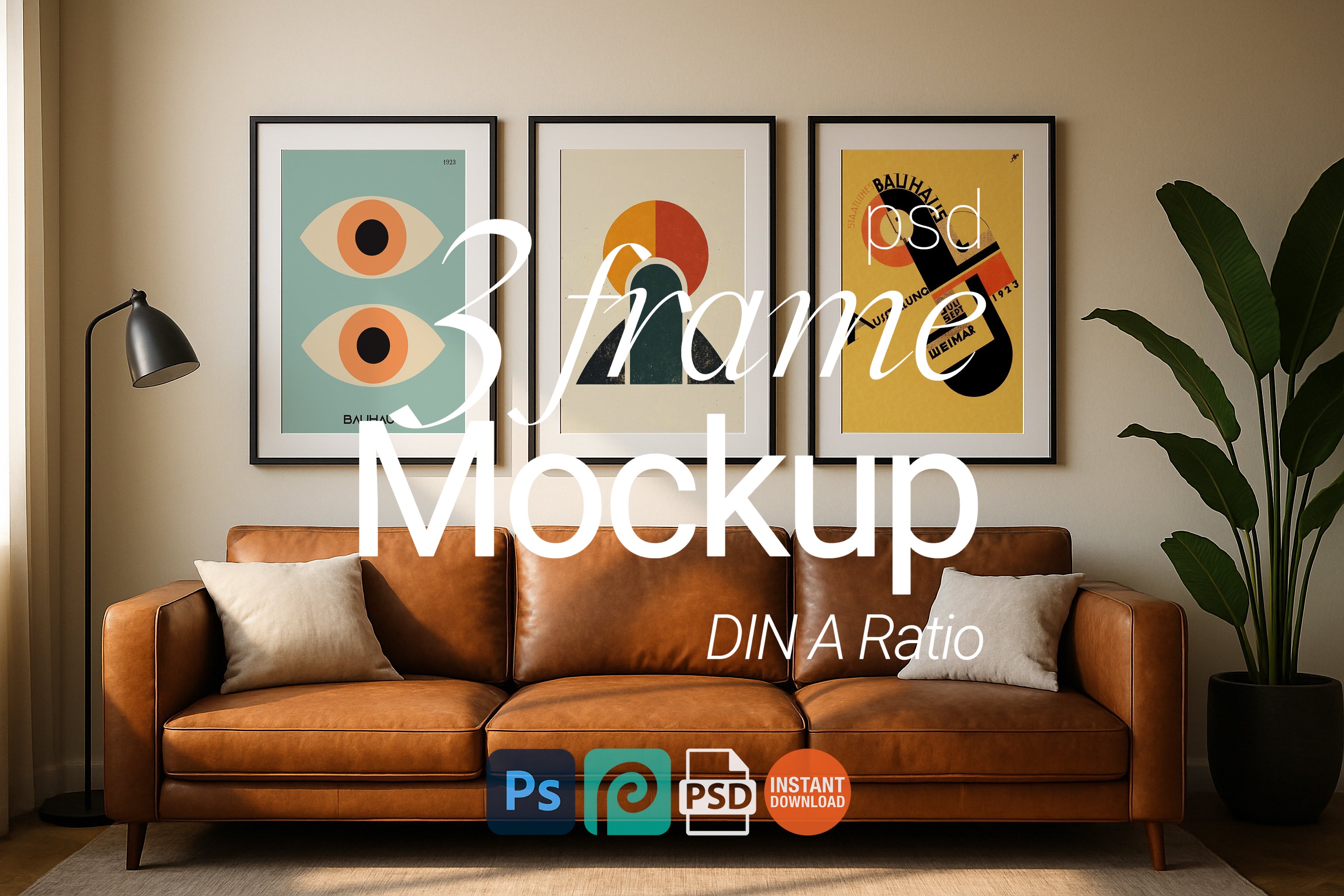 3 Frame Mockup Living Room Poster Display Wall Art Black Minimal Interior PSD Download