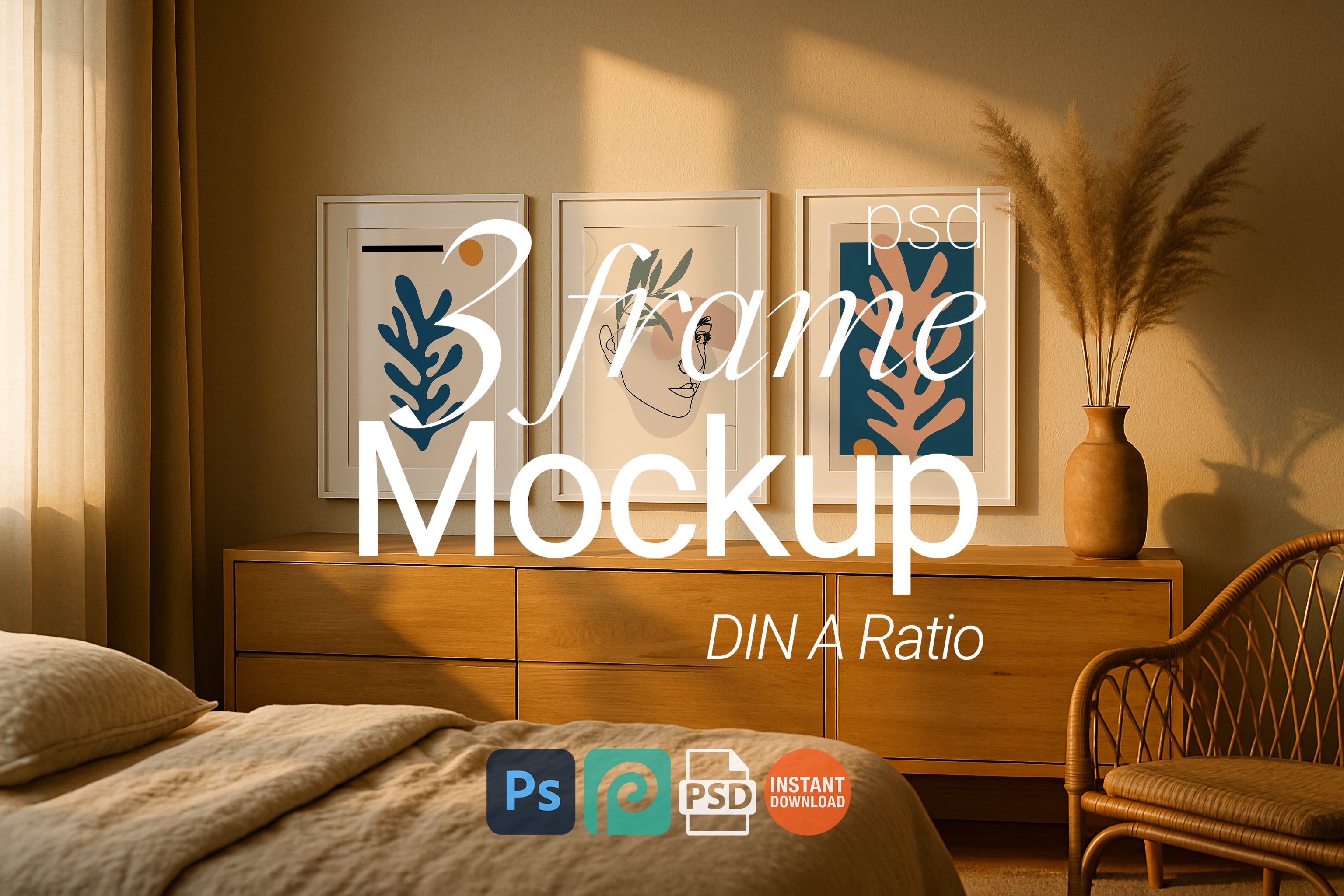 3 Frame Mockup Boho Bedroom Poster Display Wooden Furniture Neutral Wall Art PSD Digital
