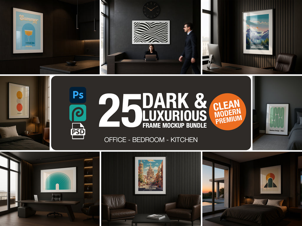 Collage of dark and luxurious frame mockup bundle for office, bedroom, and kitchen with product display.