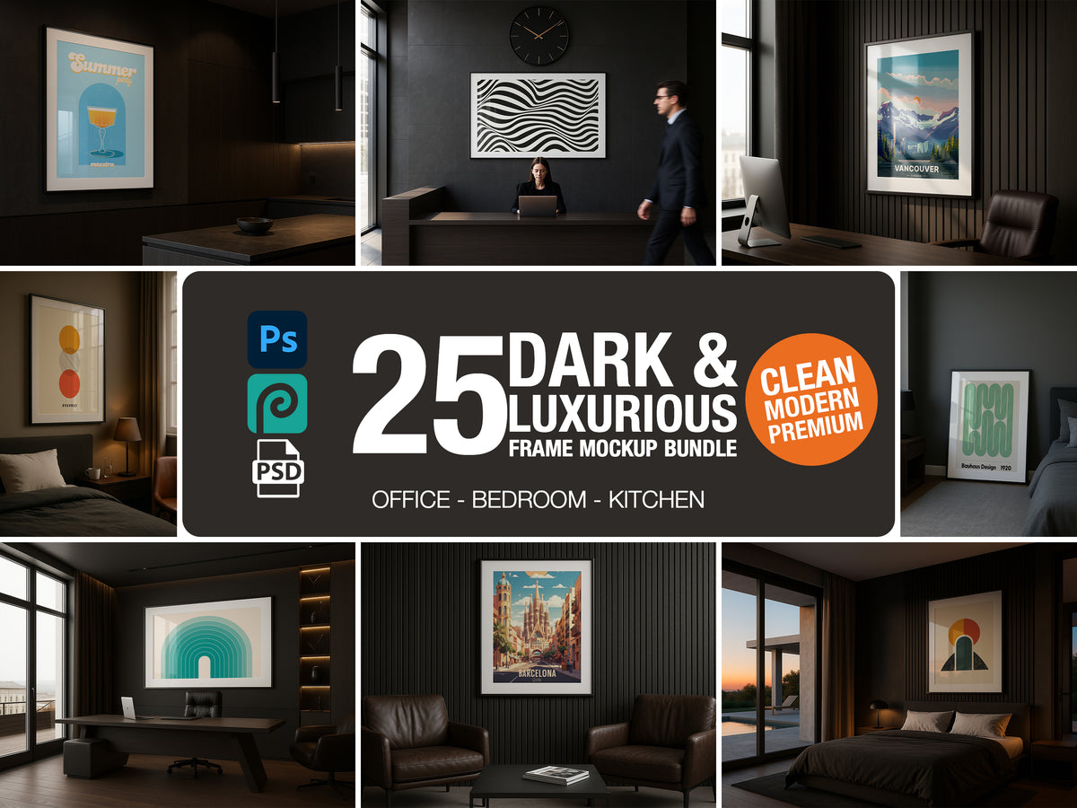 Collage of dark and luxurious frame mockup bundle for office, bedroom, and kitchen with product display.