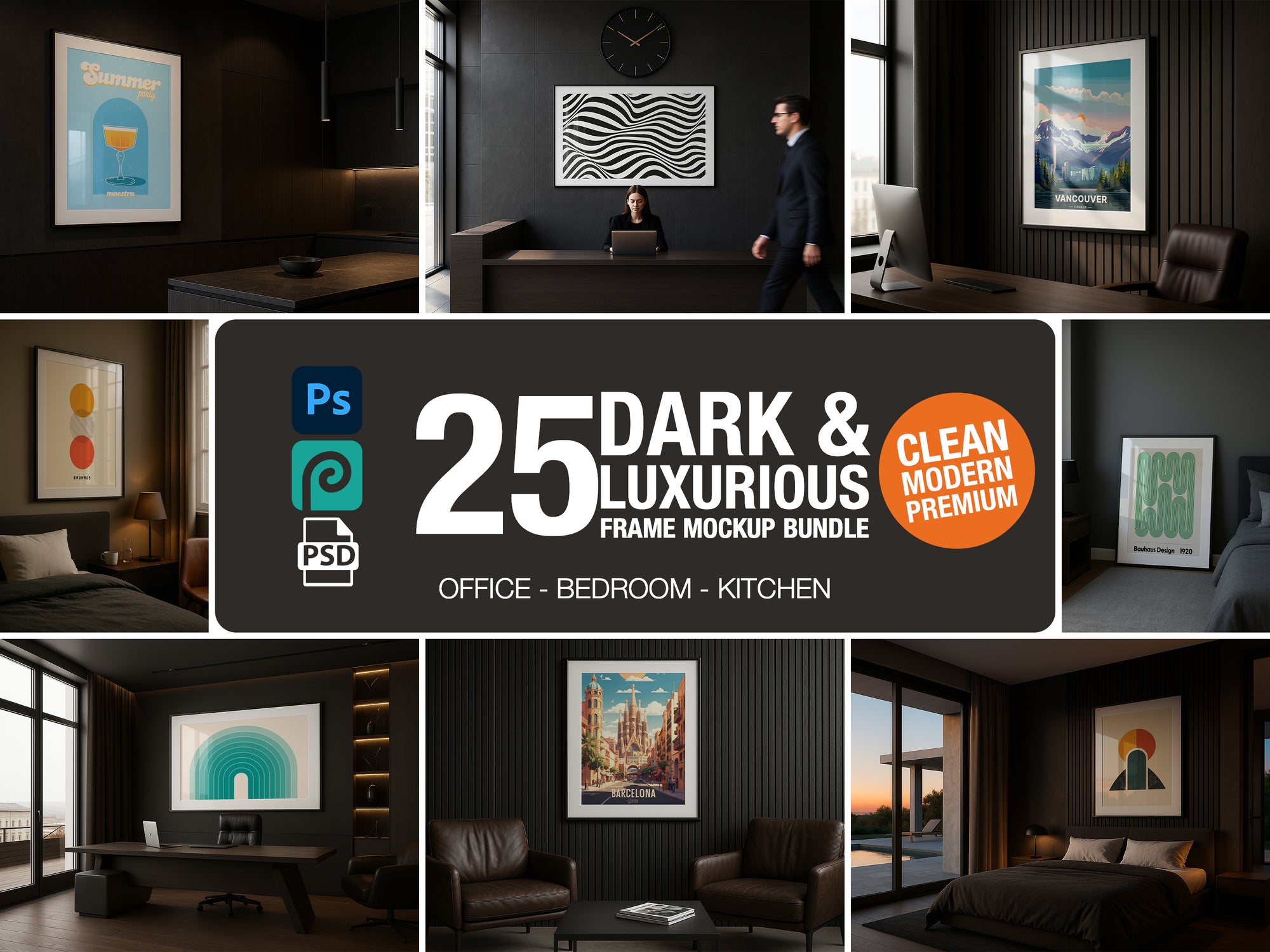 Collage of dark and luxurious frame mockup bundle for office, bedroom, and kitchen with product display.