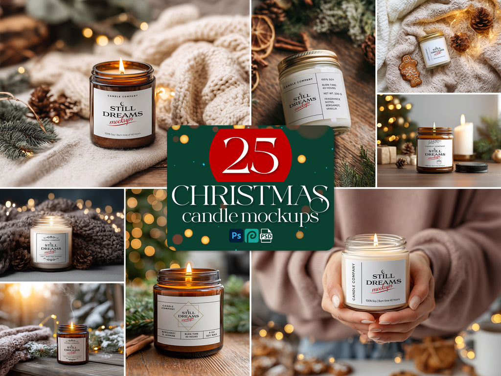 Christmas Candle Mockup PSD Bundle Amber Jar Printify Label Templates