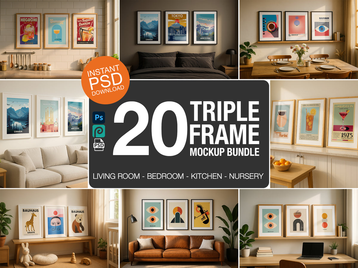 Collage of a Triple Frame Mockup PSD Bundle with actual scenes from the mockup pack