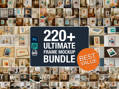 Collage of various frame mockups with '220+ Ultimate Frame Mockup Bundle' text overlay.