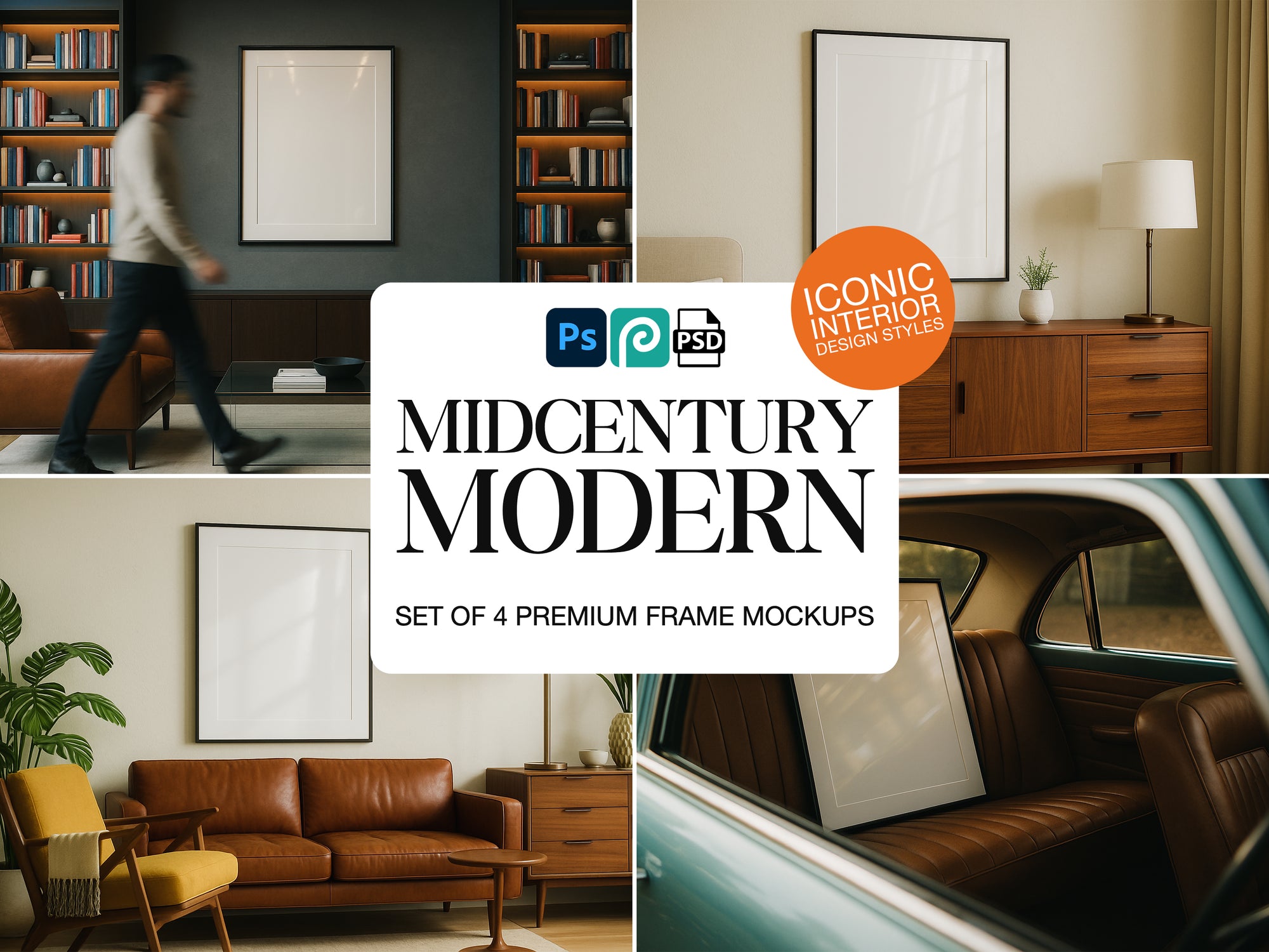 Collage of midcentury modern interior design with frame mockups and 'Iconic Interiors' branding.