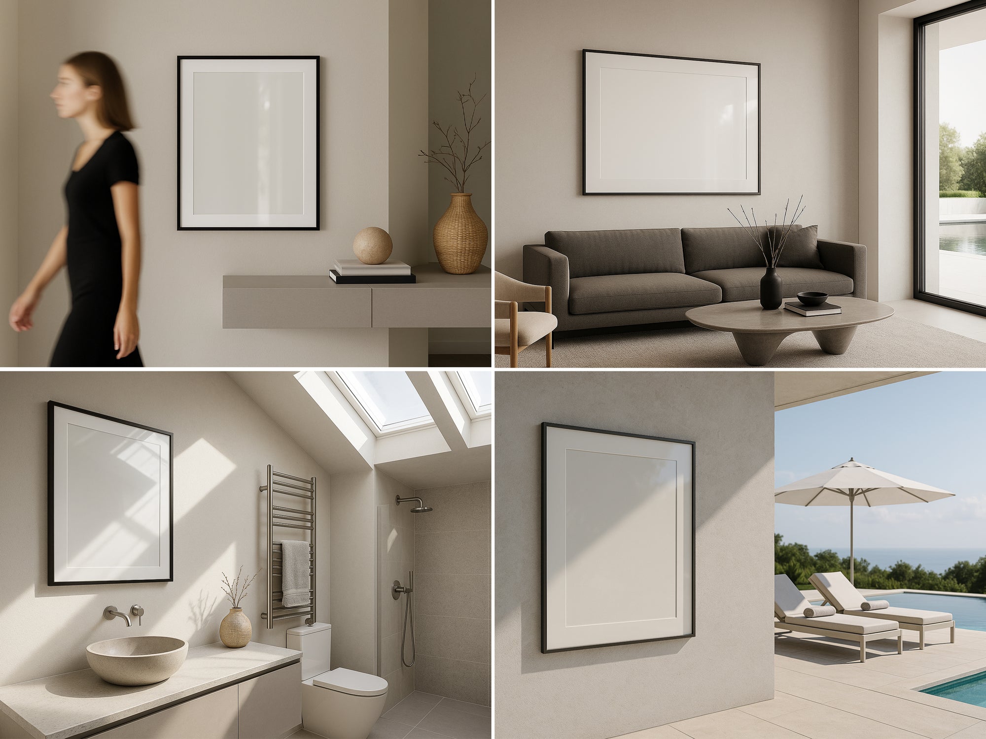 Collage of frame posters of a woman in a black dress, a living room with a gray sofa, a bathroom with a skylight, and a poolside area with lounge chairs.
