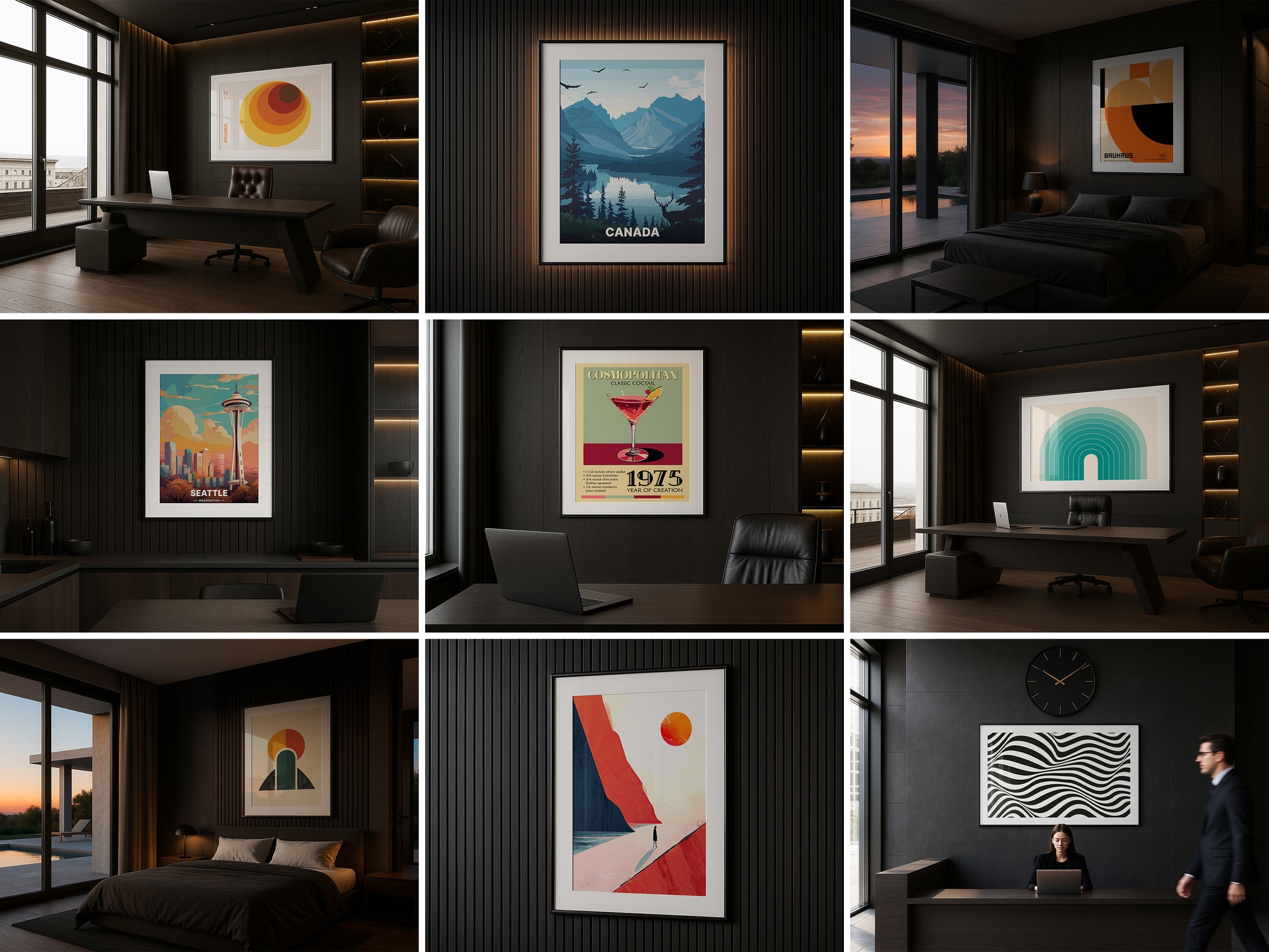 Grid of modern office and bedroom interior frame mockups displaying various wall art styles in dark, elegant settings for showcasing artwork professionally