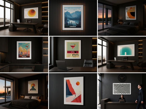Grid of modern office and bedroom interior frame mockups displaying various wall art styles in dark, elegant settings for showcasing artwork professionally
