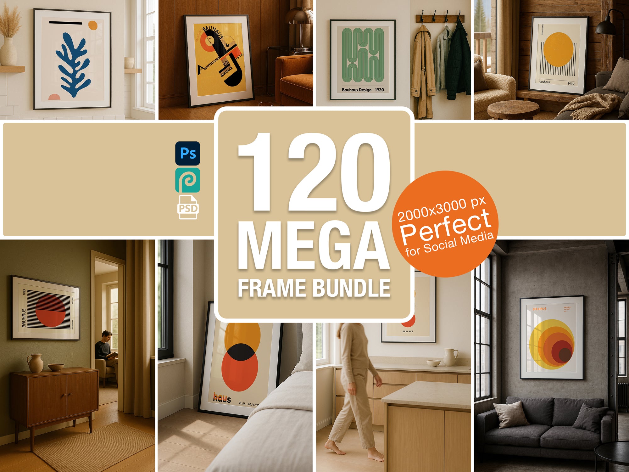 Collage of a scenes from a frame mockup bundle suitable for social media use