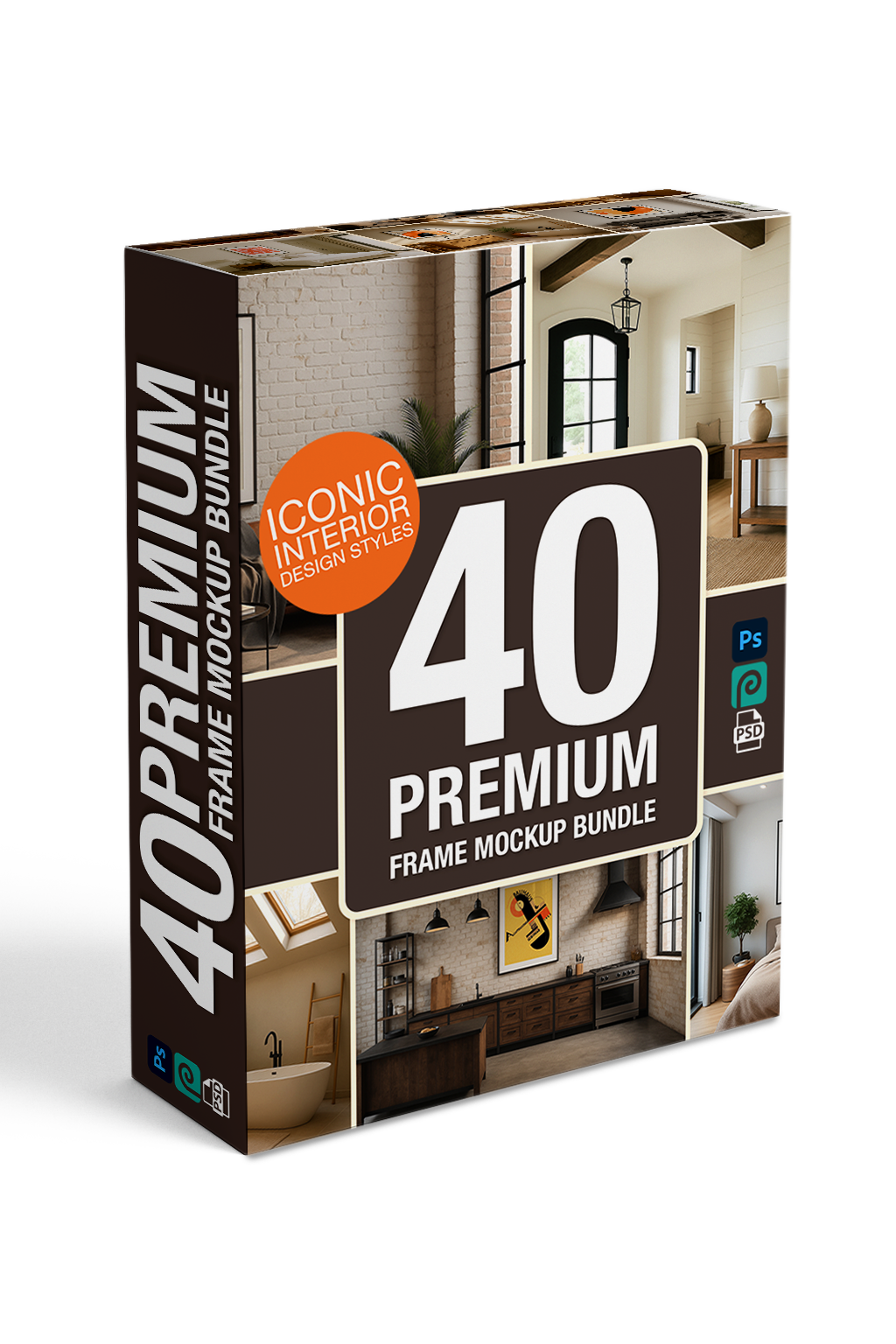 Box containing a 40 Premium Frame Mockup Bundle with interior design images on a white background.