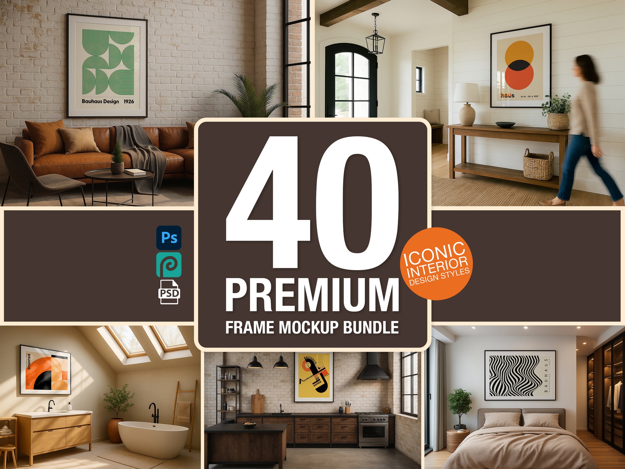 Promotional graphic for a 40 Premium Frame Mockup Bundle with interior design images.