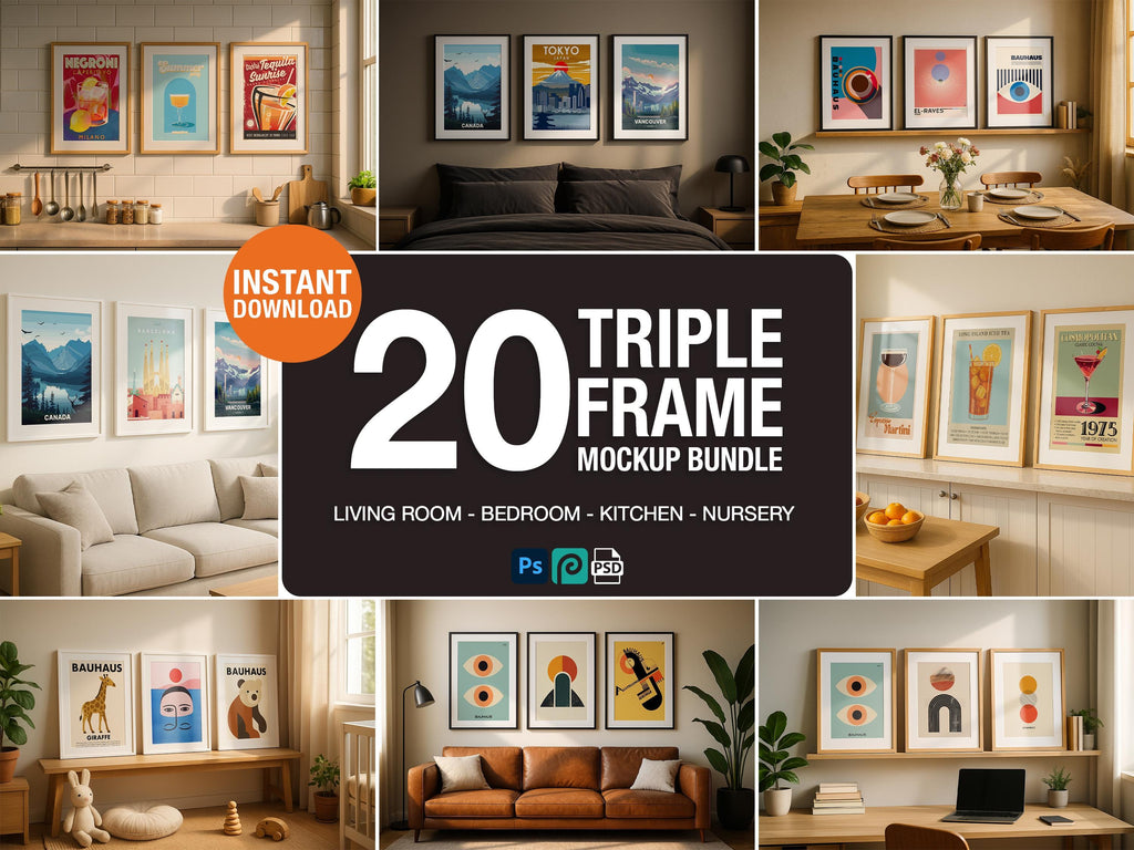 20 Triple Frame Mockup PSD Bundle – Wall Art and Poster Templates