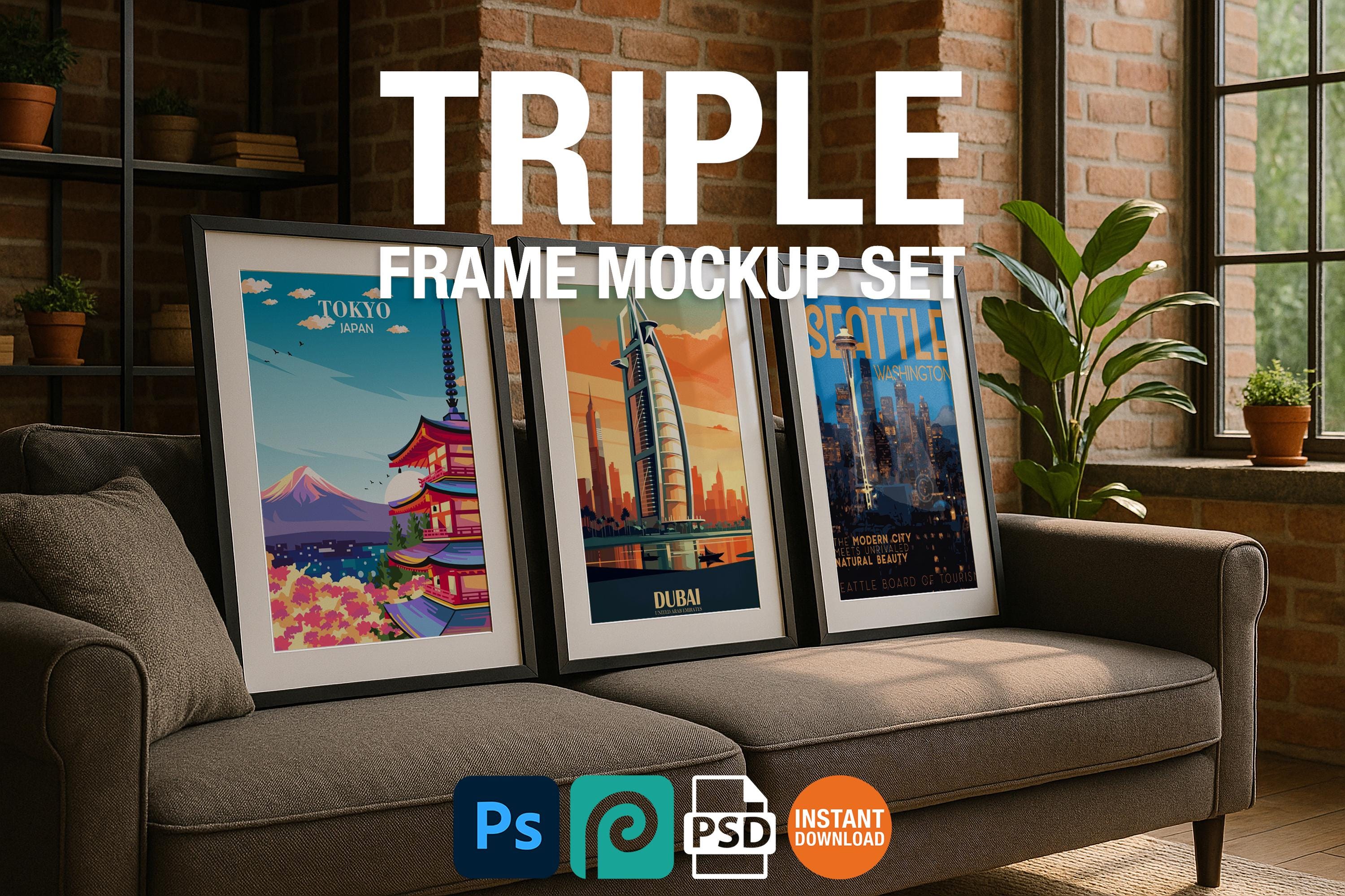 Set of 3 Modern Vertical Frame Mockup PSD Set – Wall Art Templates