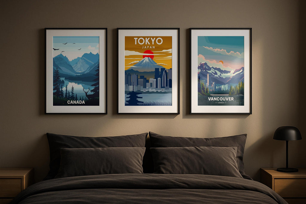 3 Frame Mockup Minimalist Bedroom Wall Art Poster Display Black Minimal Interior PSD Download